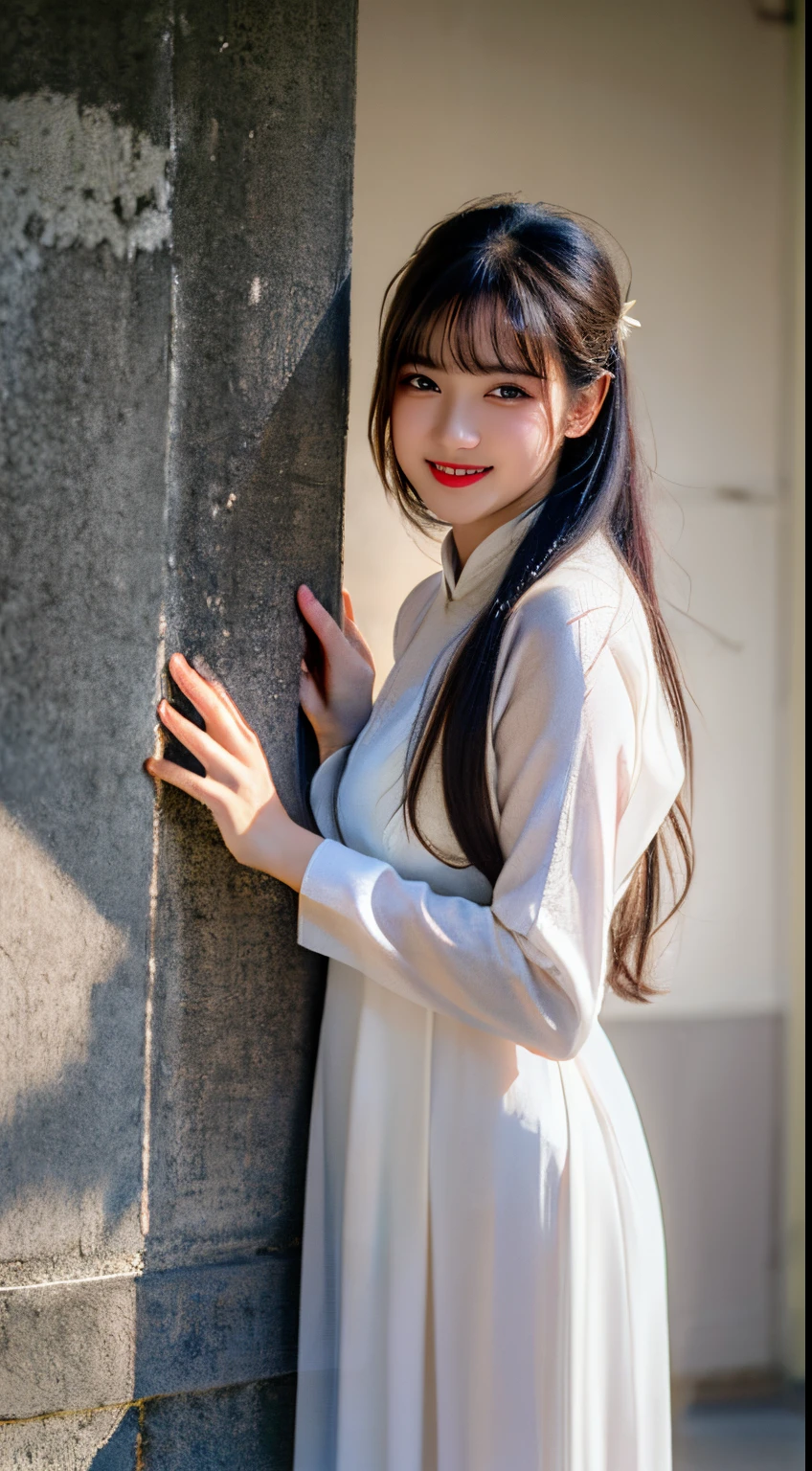 1girl, aodai yellow dress, photo art, (flower:1.2),a stunning photo with beautiful saturation, ultra high res,(realistic:1.4)),deep shadow,(best quality, masterpiece), pale skin, dimly lit, shade, flustered, blush, highly detailed, skinny, BREAK depth of field, film grain, wrinkled skin, looking at viewer, knee, warm smile, (upper body:1.2), masterpiece,ultra realistic,32k,extremely detailed CG unity 8k wallpaper, best quality