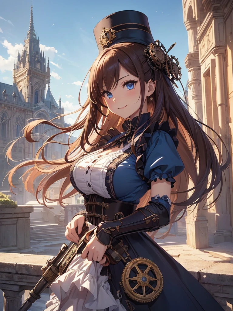 top-quality、Top image quality、​masterpiece、Gothic Girl((24 year old、Best Bust、big bast、Bust 90,Beautiful blue eyes、,Brown hair long hair、A slender、a closeup、steampunk cannon、With weapons、fight、Esbian、Gothic Maid costume、beautiful apron、hiquality、Beautiful Art、Background with((starrysky)))masutepiece、visualart、depth of fields、low angle of morning sky、、A city that moves with gears、🎵、Happy smile、Gentle light、、Beautiful skins、beutiful breast、beautiful foot、welcome、、accurate fingers、Exact finger count、ticker grand town、steampunc、Lots of gears、Gothic palace、Magnificent palace、Artistically、gothic magic、action scene