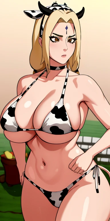 senju_tsunade, huge_breasts, cow print, bikini, swimsuit, masterpiece, best quality, detailed face, detailed eyes, highres, cow headband, cow tail, room, (Beautiful_cara:1.5), (estrecho_cintura),