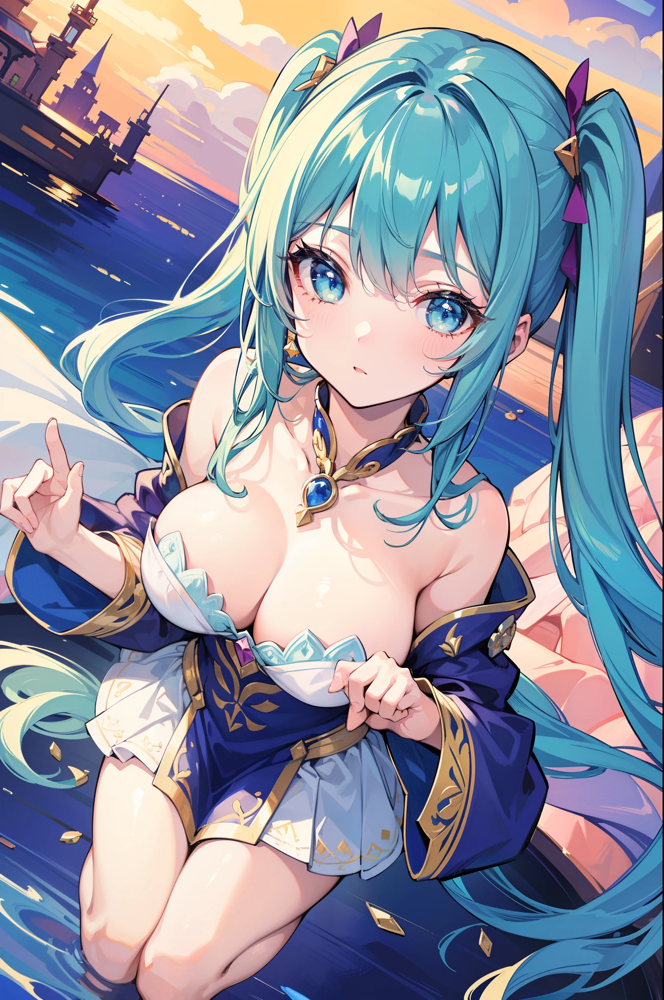 ((Masterpiece)), (best quality), highres, ultra detailed, gradient, dynamic pose, wide shot, golden ratio, super cute girl, (mature girl), super beautiful girl with super cute and sexy face, (super cute face expression), most beautiful warrior girl, with most beautiful shiny green eyes, very detailed and expressive eyes, super beautiful long blue hair, twin tails, very delicate and gorgeous, (nice, delicate and beautiful hands and fingers), (wearing super girly, original and super stunning clothes), very beautiful clothes, with a super beautiful magical rod, with beautiful powers, in a divine realm in war, mesmerizing and enchanting art