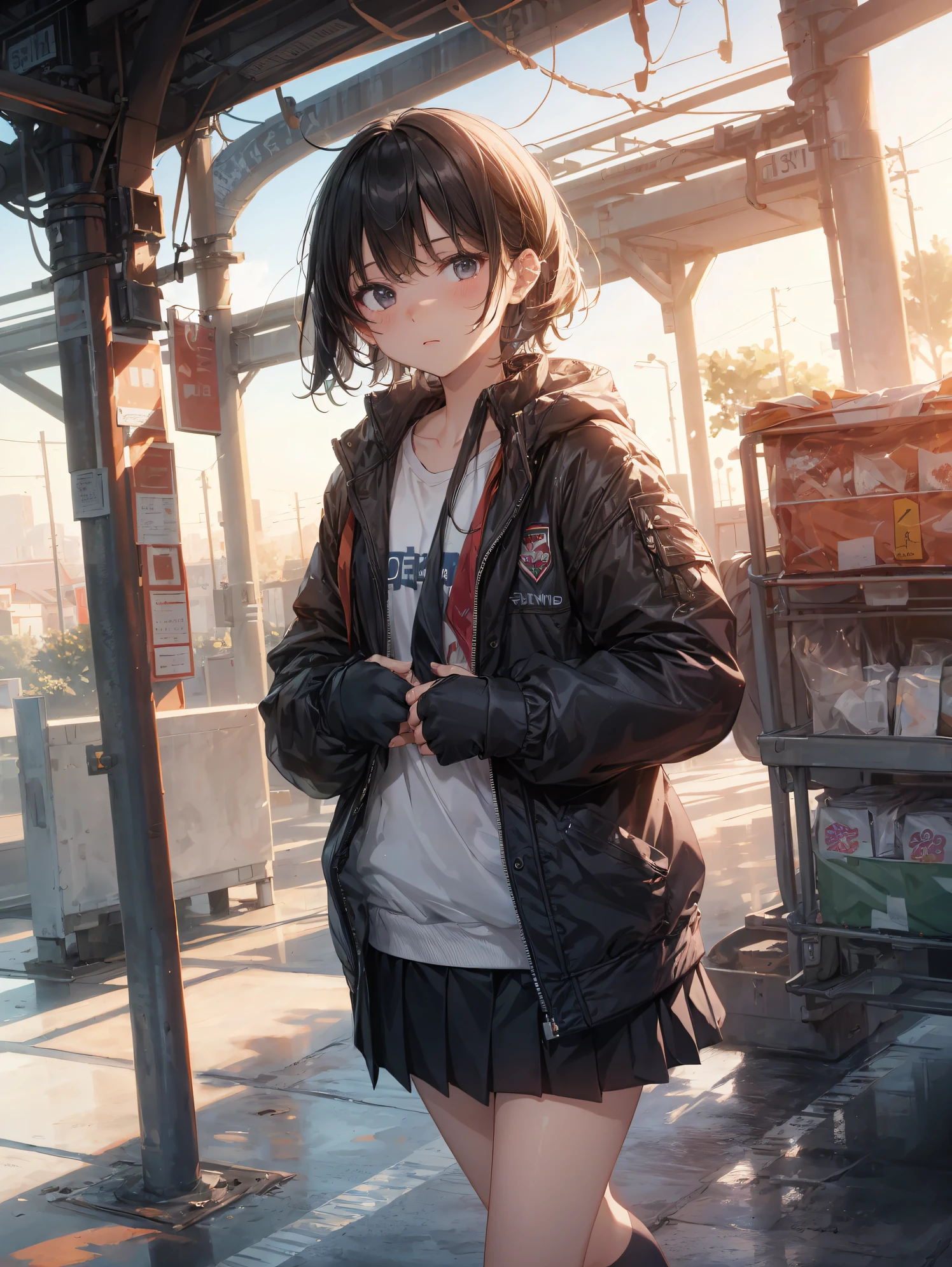 of the highest quality, anime moe art style,Best Anime 8K Konachan Wallpapers,Pixiv Contest Winner,Badass Anime 8K,Perfect Anatomy, (Draw a girl sleepily walking to school. ),BREAK, 1girl in, (Solo,Lori,child,13years:1.3),a junior high school student, Androgynous attraction, (Very short hair),hair messy, Full limbs, complete fingers,flat chest, Small butt, groin, Small eyes,Precise black eyes,disgusted eye, School uniform, Skirt,On the way to school. BREAK,Ultra-detailed,High resolution,super detailed skin, Professional Lighting, 8k eye details, (cool illustration:1.2),