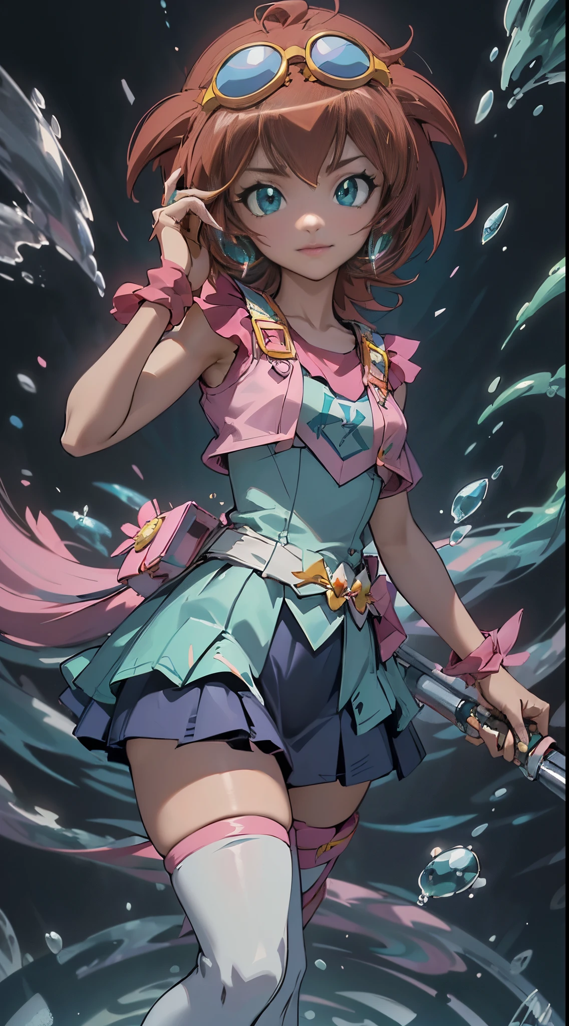 Amar_Madoka_Beyblade, 1girl, solamente, pelo corto, aqua eyes, brown hair, Gafas en la cabeza, (falda, Zettai Ryouiki:1.4), muslos blancos altos, (sudadera con capucha rosa:1.4), 1girl, solamente, Parte superior del cuerpo, Visor de cara, Mirando al espectador, They are smiling,Background detallado,(ojos hermosos，pupilas brillantes)，,More detailed 8K.motor irreal:1.4,UHD,La mejor calidad:1.4, fotorrealista:1.4, textura de la piel:1.4, obra maestra:1.8,obra-prima, mejor calidad,objeto Objeto], (detailed face features:1.3),(manos detailed),(Las proporciones correctas:1.4),(toxic green water chemical laboratory background:1.4),Ultra-detallado