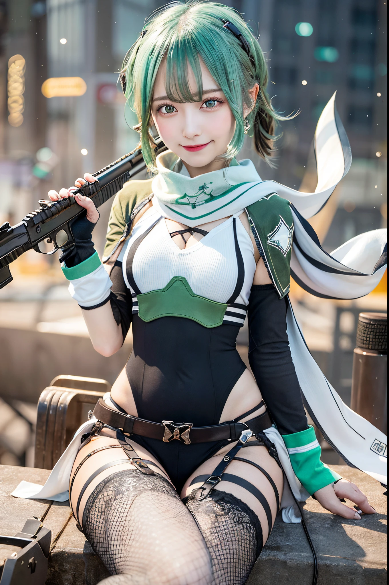 masterpiece, top-quality, hight resolution, 1girl in, sinon1, scarf, Fingerless gloves, hair adornments, hair clips, Thigh strap, Cowboy Shooting, Have a gun, Sniper rifle,, sitting on, Curvaceous, Small waist, bbw,, surrounded by people、A smile