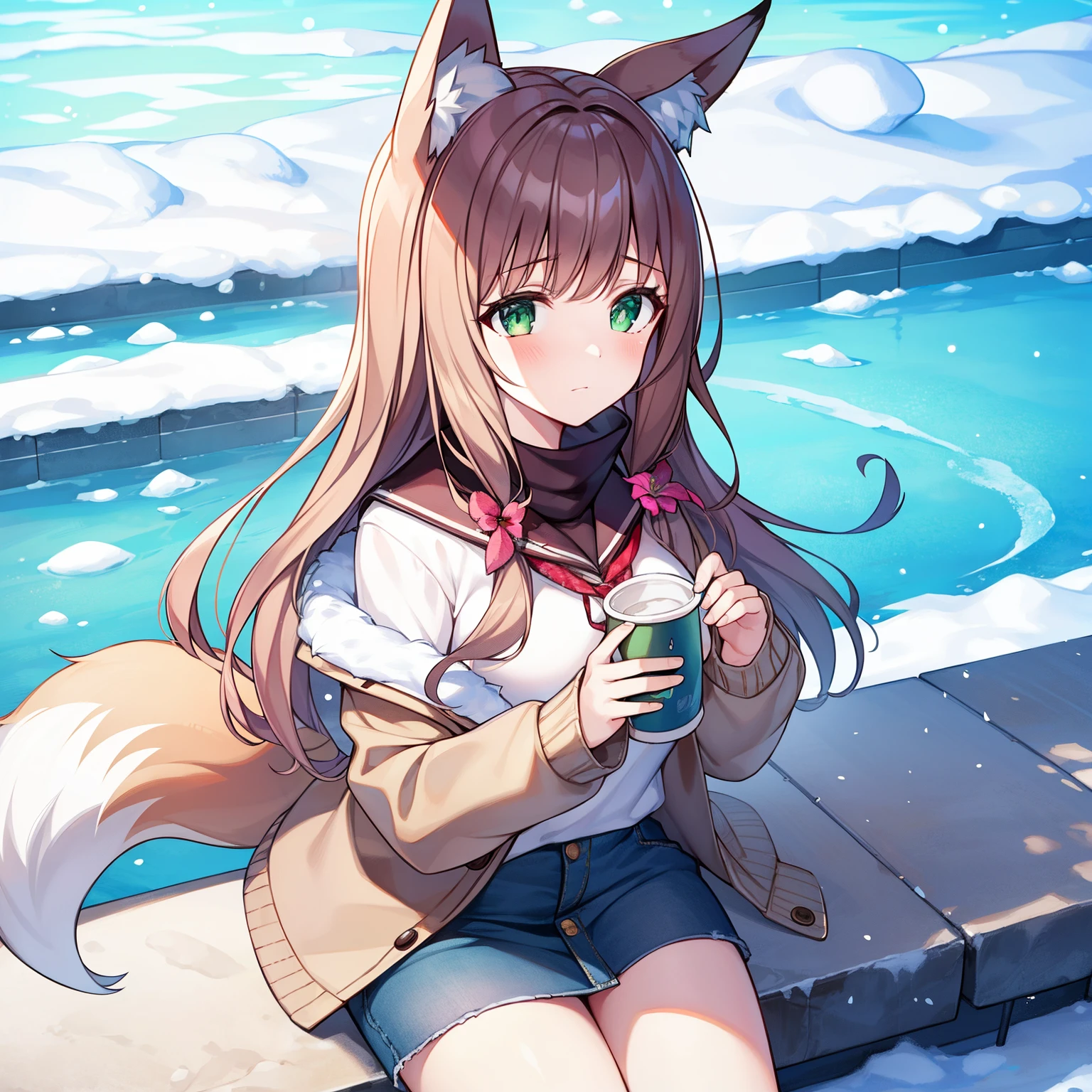 tmasterpiece，Highest high resolution，8k wallpaper，Highest drawing quality)，1 girl，Alone，(Huge fox tail)，Brown hair long，Green-eyed，Small flower headdress，(21-year-old college student_C cup)，modernn architecture, A MILF, at winter season，Skating on the ice lake，wear winter clothes，looking down from above，