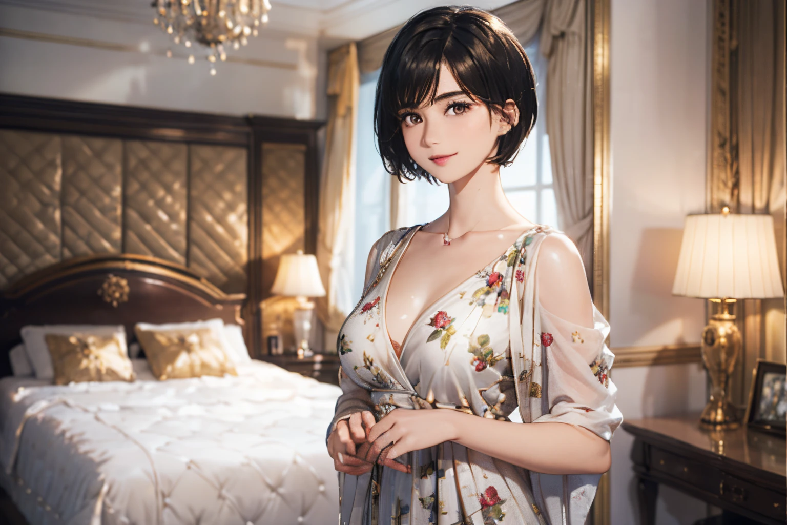 123
(a 20 yo woman,is standing), (A hyper-realistic), (high-level image quality), ((beautiful hairstyle 46)), ((short-hair:1.46)), (Gentle smile), (breasted:1.1), (lipsticks), (florals), (Luxurious room), (Depth of field is deep), (Modern)