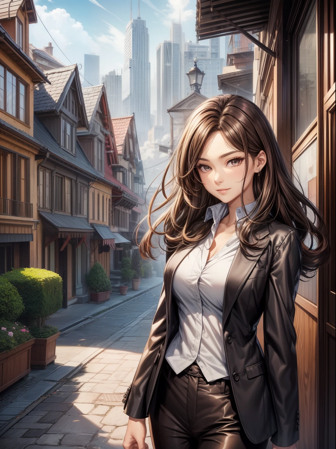 Best Quality, masutepiece, beautiful mature women、Beautiful face、Strong-minded woman、Black jacket、Office Suit Pants、brown haired、Brown-eyed、Longhaire、Undersized eyes、Full body like、realestate、guide、Travel by Benz、Tower Mansion、luxurious entrance、The customer is a middle-aged man、Real Estate Sales、Sales Girl、Slight smile