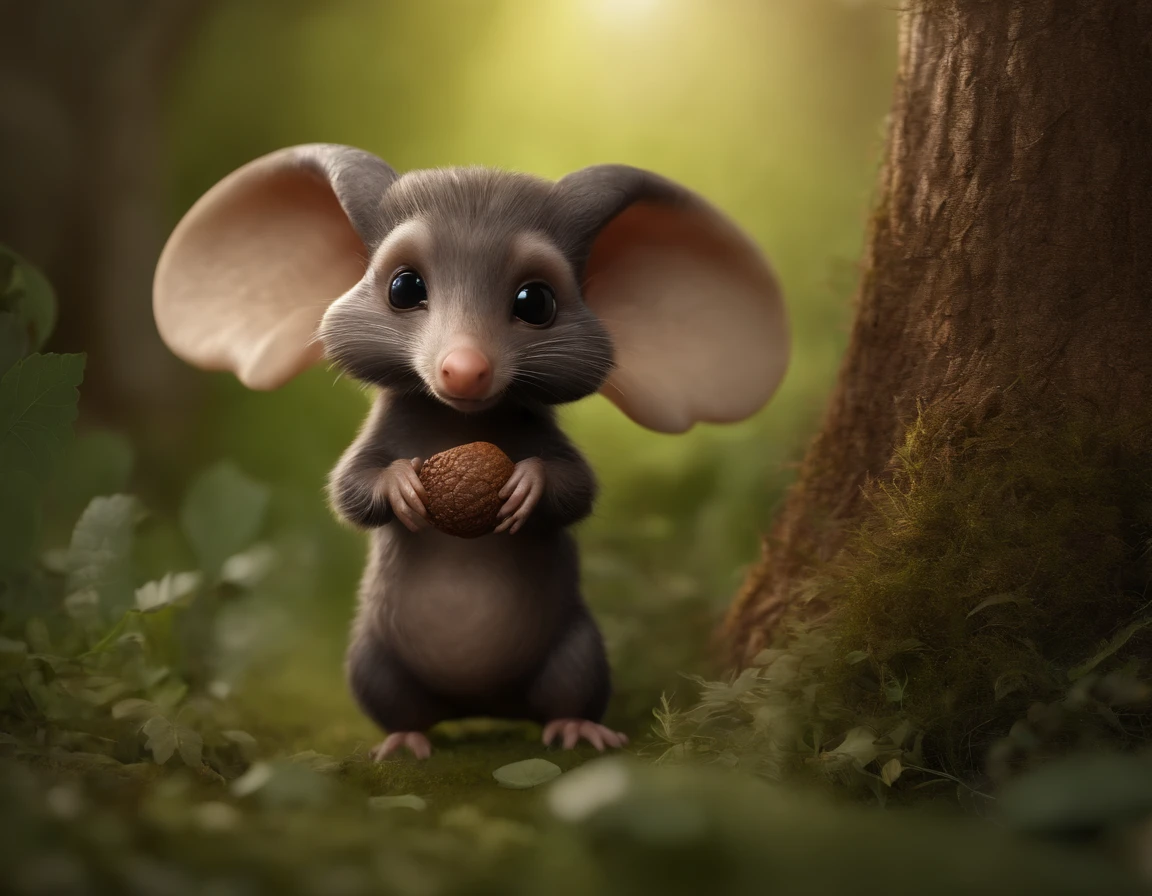 (CBZBB:1.25),gremlin, gremlin, looks like a mole, ((taupe)), large ears, elongated nose, in a clearing under an oak tree, holding a large acorn in his paws, CBZBB,Cute, Small, baby, Beautiful, Fantasy art, deviant art, trending artstation, Digital Art, Detailed, Realistic, humanoid, character, tiny, Cinematic shot, cinematic portrait of a mole, cute character, looks like a mole,