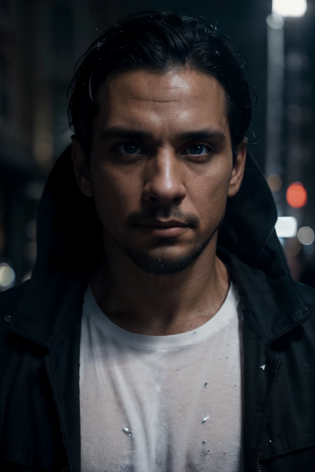 (extremely detailed 8k wallpaper), Dark Theme, (35 years old man), (((Latin man))), uses ((black jacket)), ((white shirt)), fine focus, (white skin), (subsurface dispersion:1.1), (((short black hair))), (((blue eyes))), (((long goatee))), expression ((serious)), award-winning photography, dramatic lighting, centered face, streets at night.
