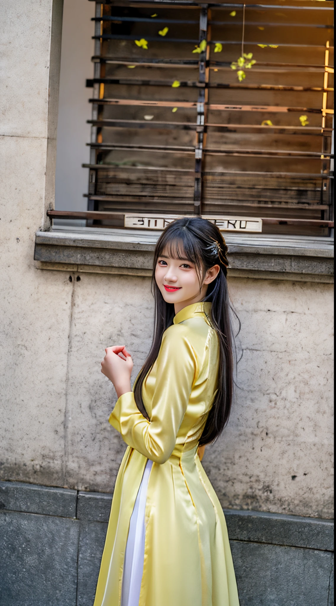 1girl, aodai yellow dress, photo art, (flower:1.2),a stunning photo with beautiful saturation, ultra high res,(realistic:1.4)),deep shadow,(best quality, masterpiece), pale skin, dimly lit, shade, flustered, blush, highly detailed, skinny, BREAK depth of field, film grain, wrinkled skin, looking at viewer, knee, warm smile, (upper body:1.2), masterpiece,ultra realistic,32k,extremely detailed CG unity 8k wallpaper, best quality
