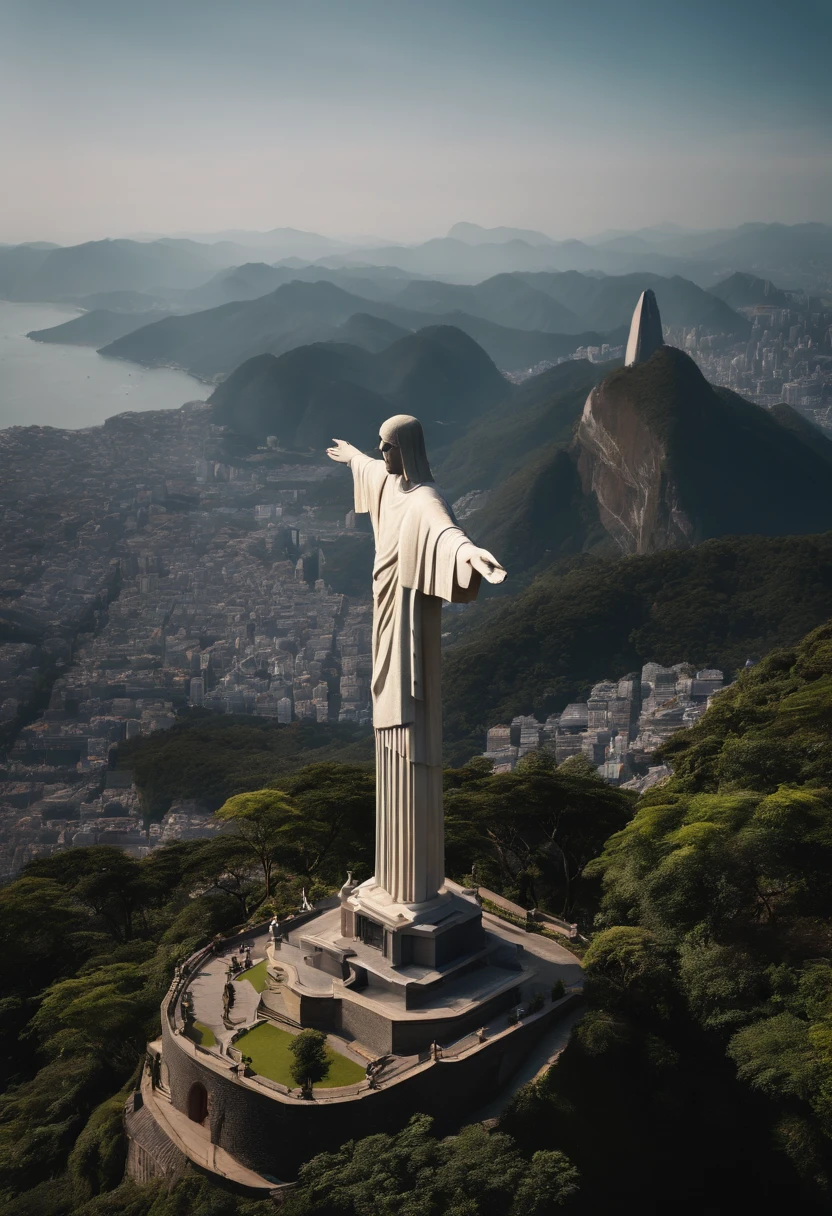 Christ the Redeemer statue、4K、8K、masutepiece、Video with high sheepness、solemnity、Sunnyday、Mare、house that looks small、A hill、Overhead view、