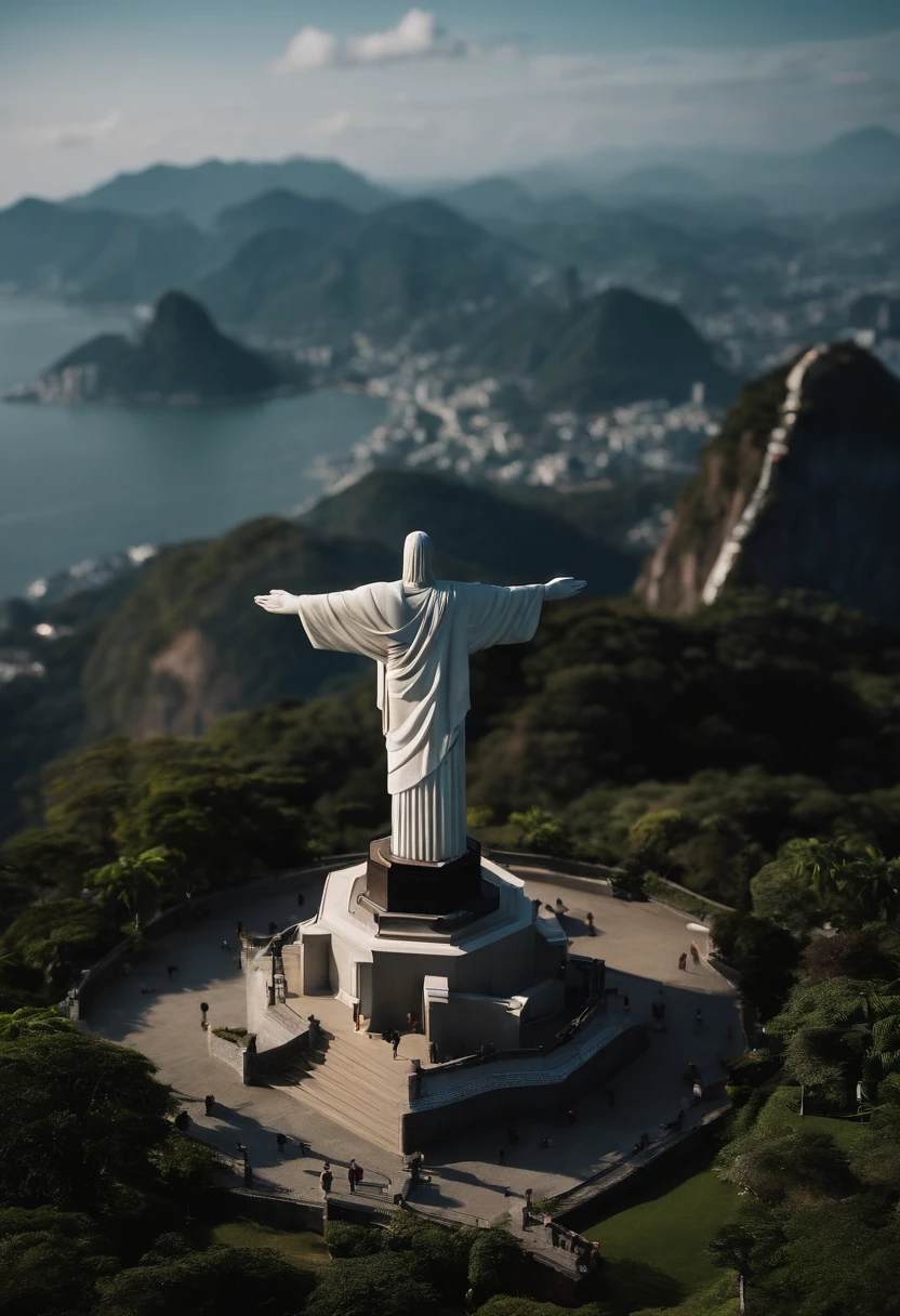 Christ the Redeemer statue、4K、8K、masutepiece、Video with high sheepness、solemnity、Sunnyday、Mare、house that looks small、A hill、Overhead view、