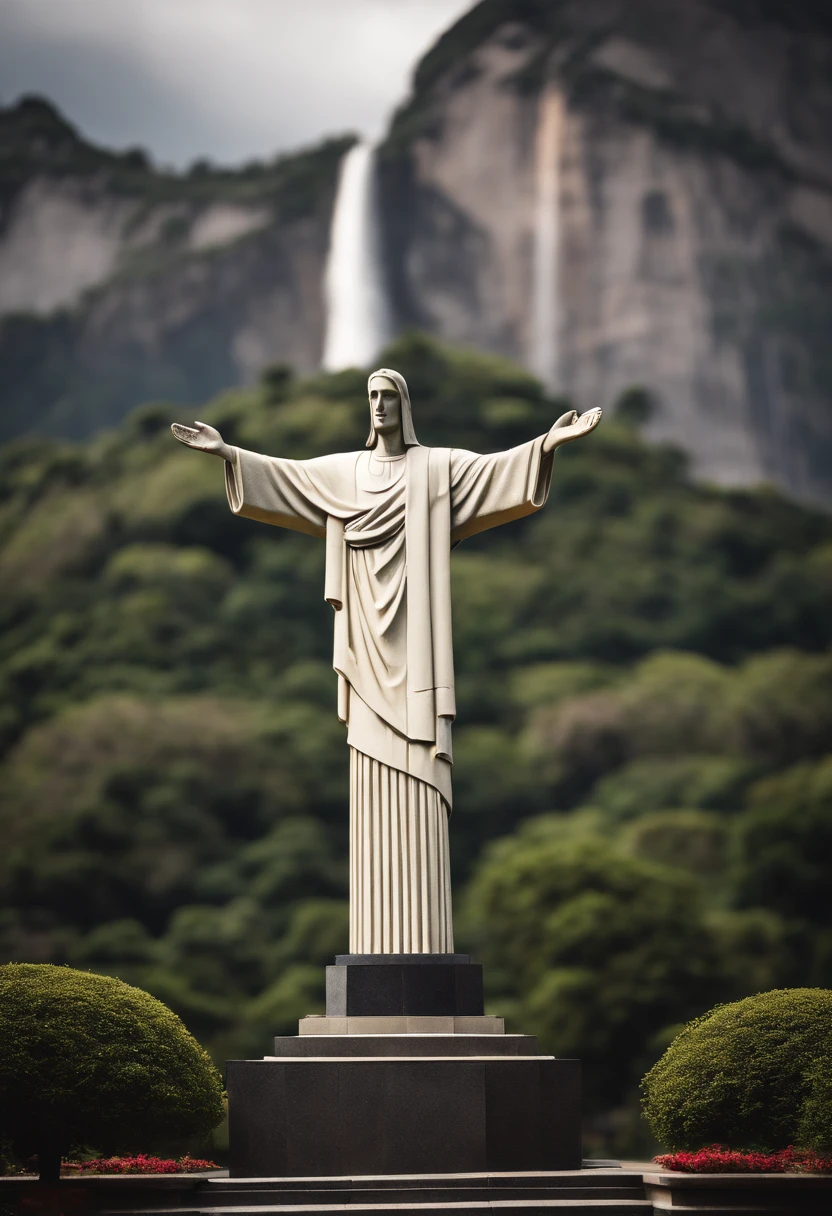 Christ the Redeemer statue、4K、8K、masutepiece、Video with high sheepness、solemnity、Sunnyday、Mare、house that looks small、A hill、Overhead view、