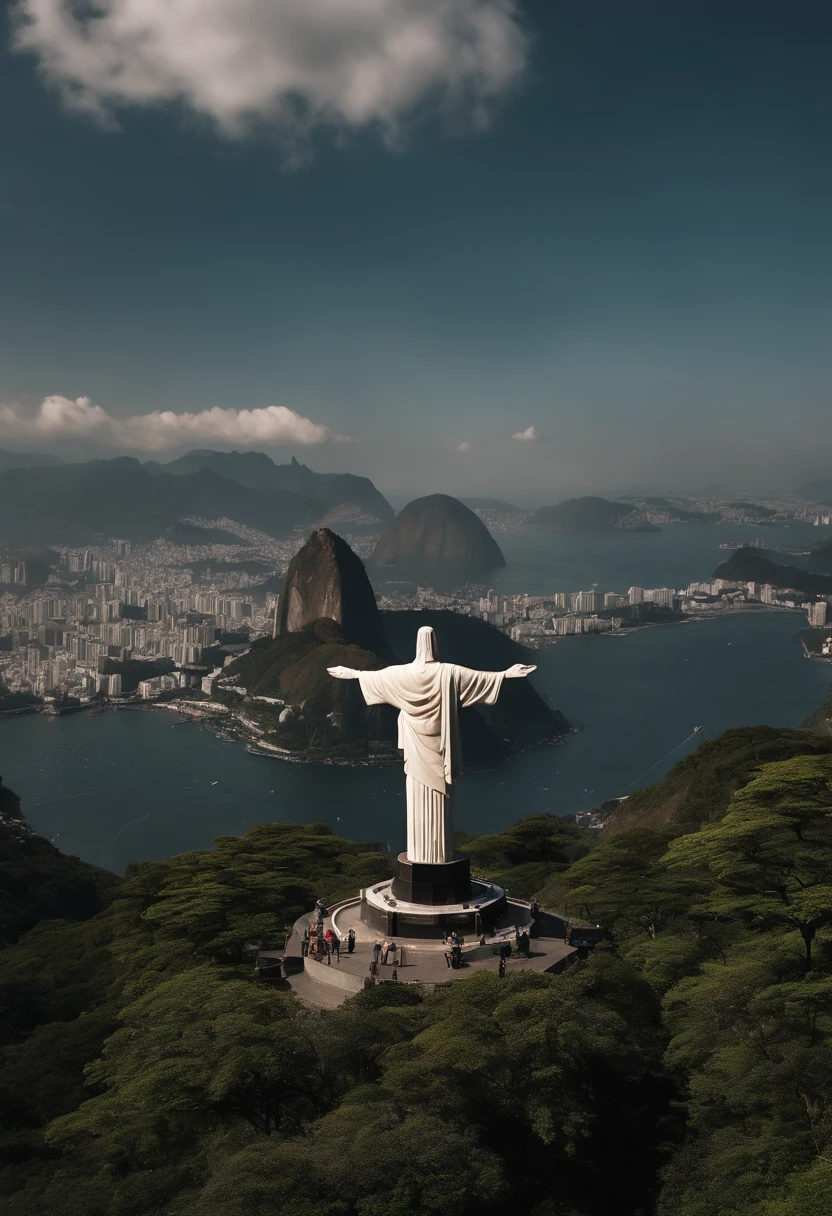Christ the Redeemer statue、4K、8K、masutepiece、Video with high sheepness、solemnity、Sunnyday、Mare、house that looks small、A hill、Overhead view、
