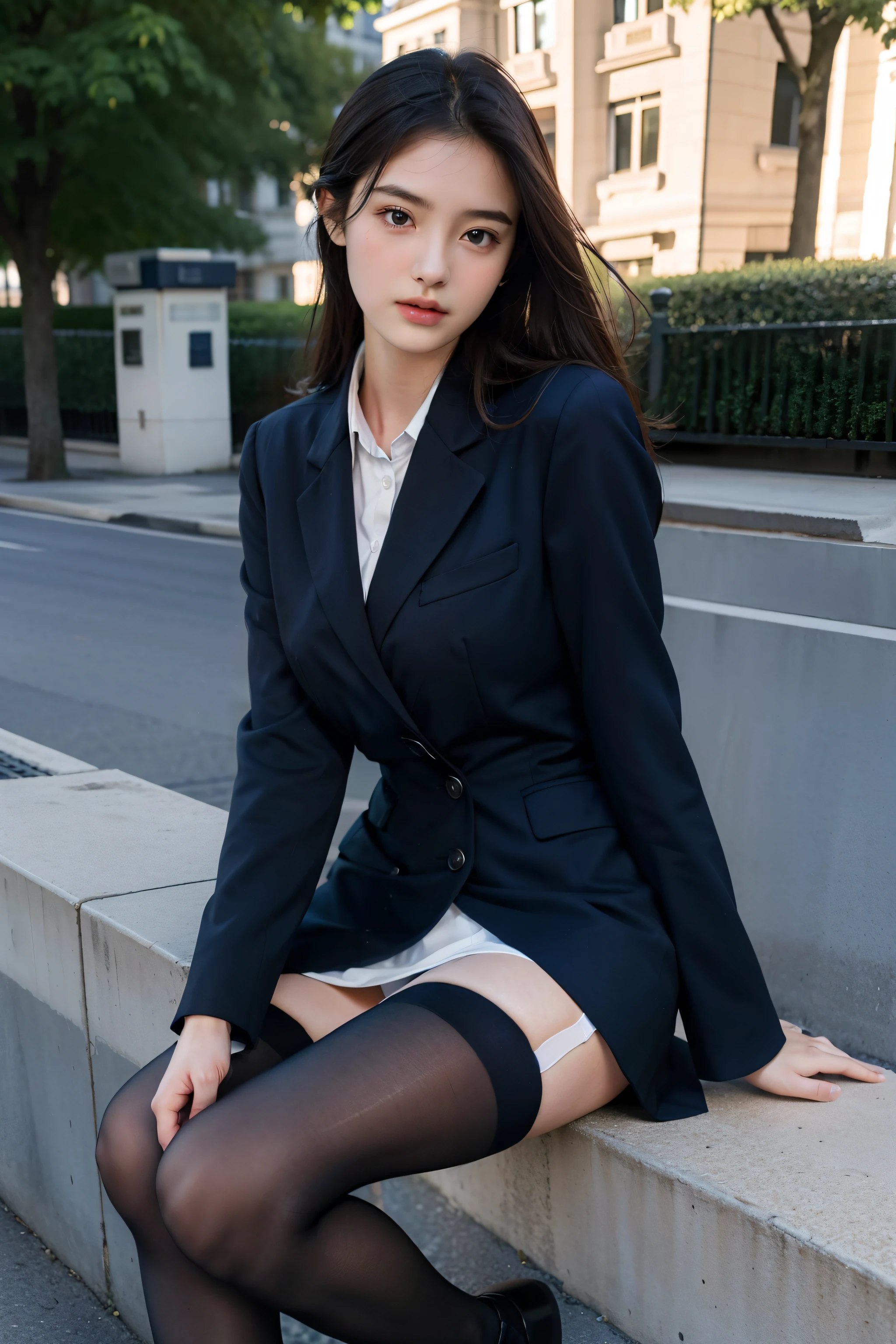 Best quality at best, full-body portraits, s delicate face, pretty face, 16-year-old woman, slimfigure, large bust, office lady uniform, Office clothes, Navy blue stockings, exterior, Sit Pose