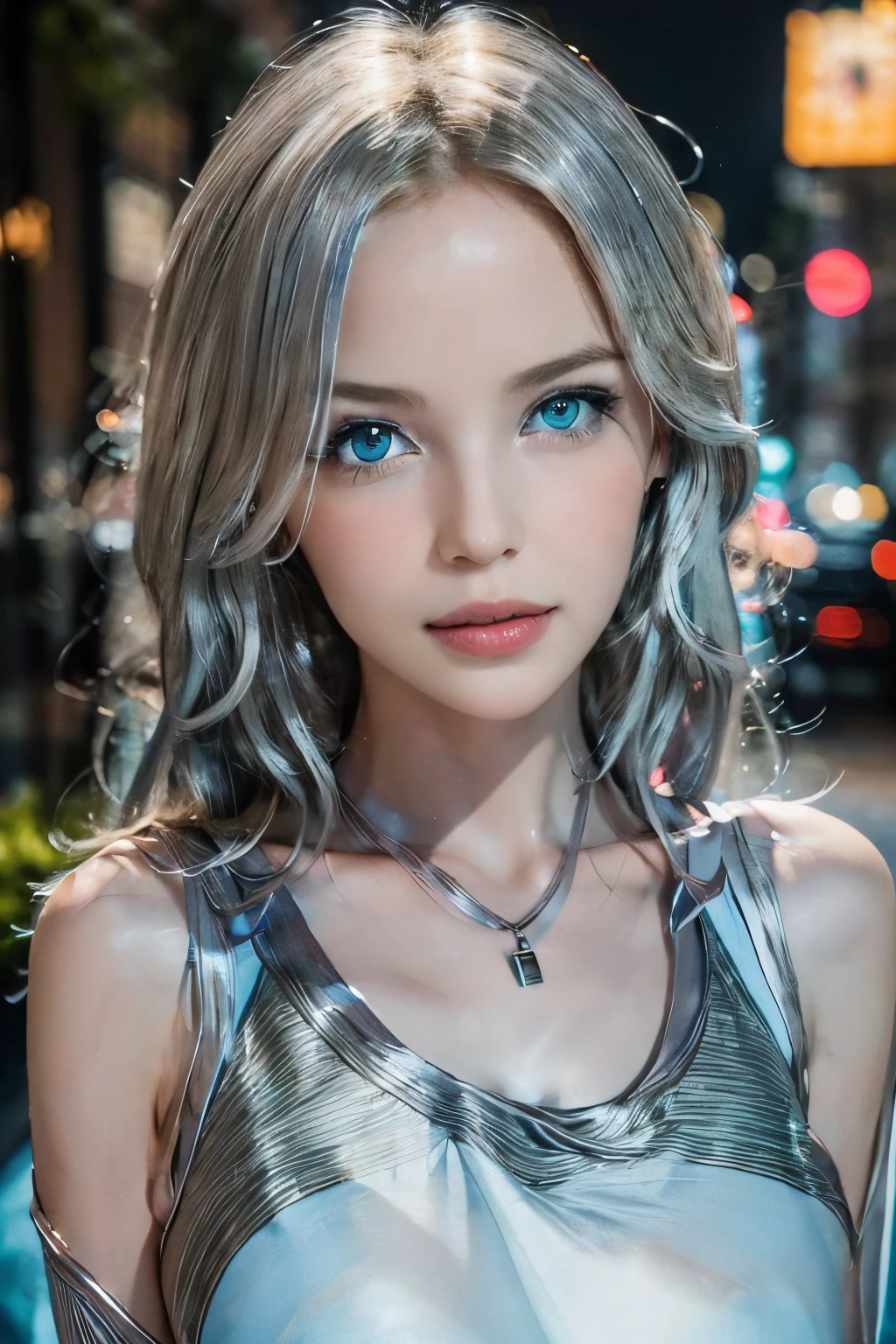 best quality, face focus, (depth of field) ,ultra high res, (photorealistic:1.4), RAW photo, city at night 1european woman, blonde, petite, solo, cute, smile, (green eyes), natural face, (blonde curly hair), pink shirt with sonic stamped, (Blue and silver dress:1.5)