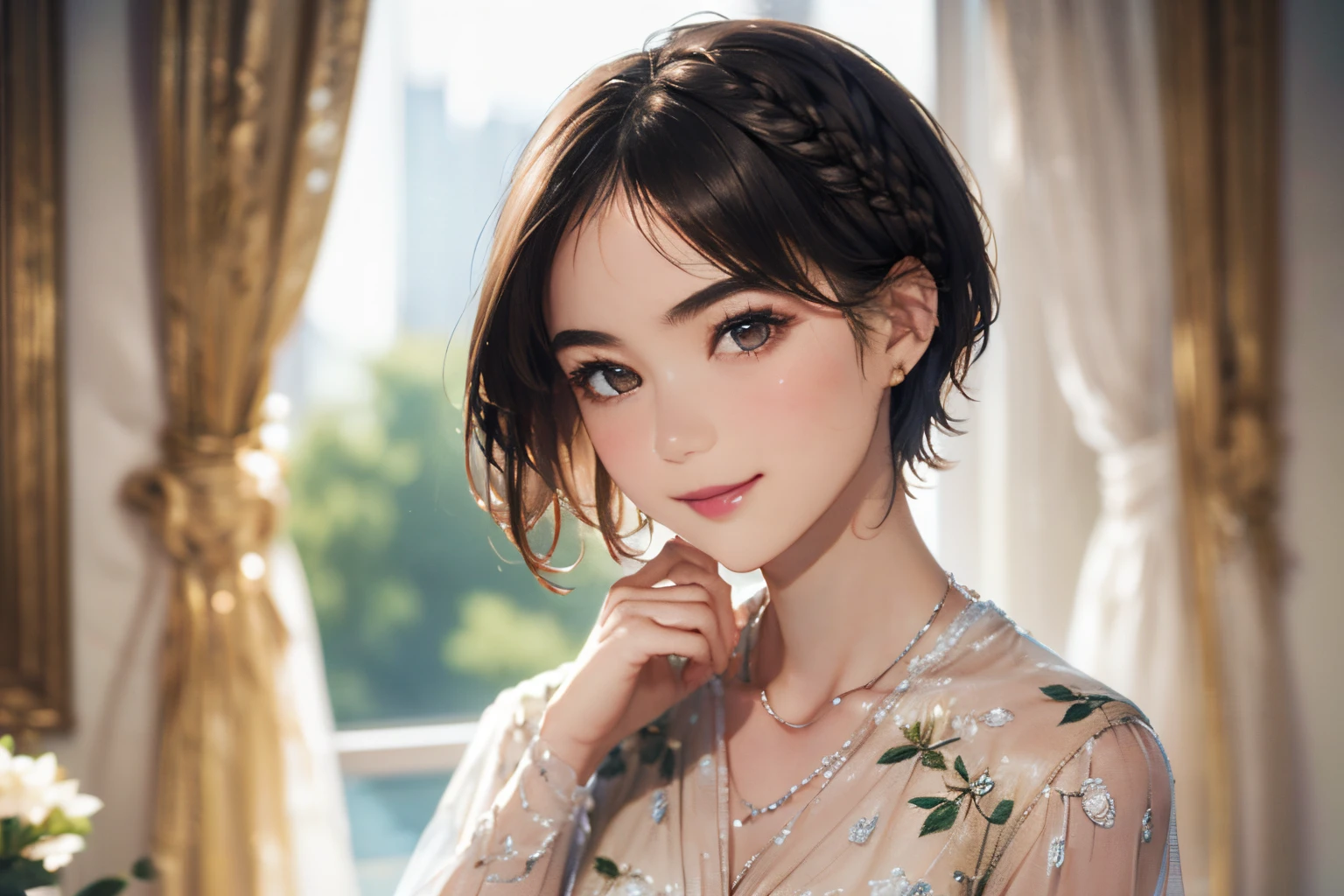 123
(a 20 yo woman,is standing), (A hyper-realistic), (high-level image quality), ((beautiful hairstyle 46)), ((short-hair:1.46)), (Gentle smile), (breasted:1.1), (lipsticks), (florals), (Luxurious room), (Depth of field is deep), (Modern)