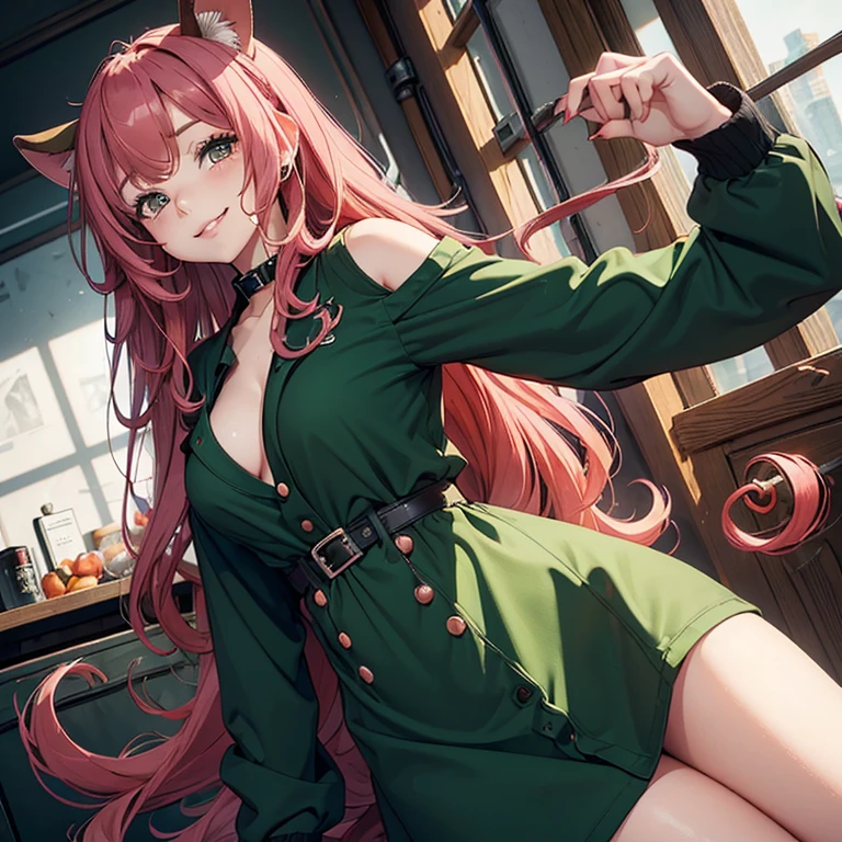 (Masterpiece)), ((Best Quality)), ((1 Girl)), ((kangaroo ears and tail)) ((bimbo)) Crimson hair red + long curly to below thighs + Long curved eyelashes + honey eyes + full pink lips + Soft and feminine features + average height + Button nose + femenine body + thick thighs + Pale skin + medium-sized hands + Long and neat nails soft skin. ((Dark Green Dress, Chest window, Black Jacket baggy)) ((Friendly smile, sleepy eyes))