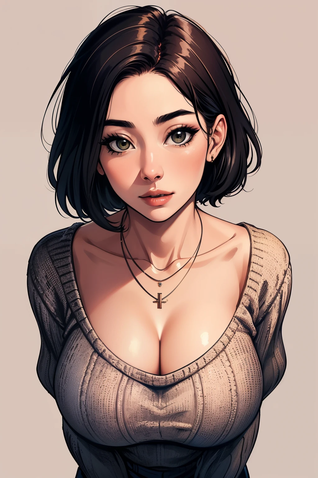 (Best quality, 8k, 32k, Masterpiece, UHD:1.2),Photo of Pretty Japanese woman, large breasts, very short bob hair,upper body,face focus,oversized_sweater, necklace, simple background, from above, looking at viewer,
