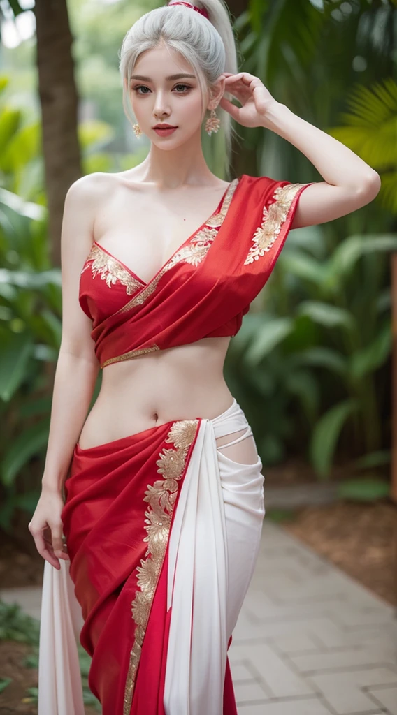 A beautiful woman standing, wearing red sari, pale skin, smooth pale skin, skin tune pink, perfect body, detailed body,((round big breast, small titts, big hips)), full body, white hair, ponytail hair, cute face, detailed face, high quality, HD, very detailed