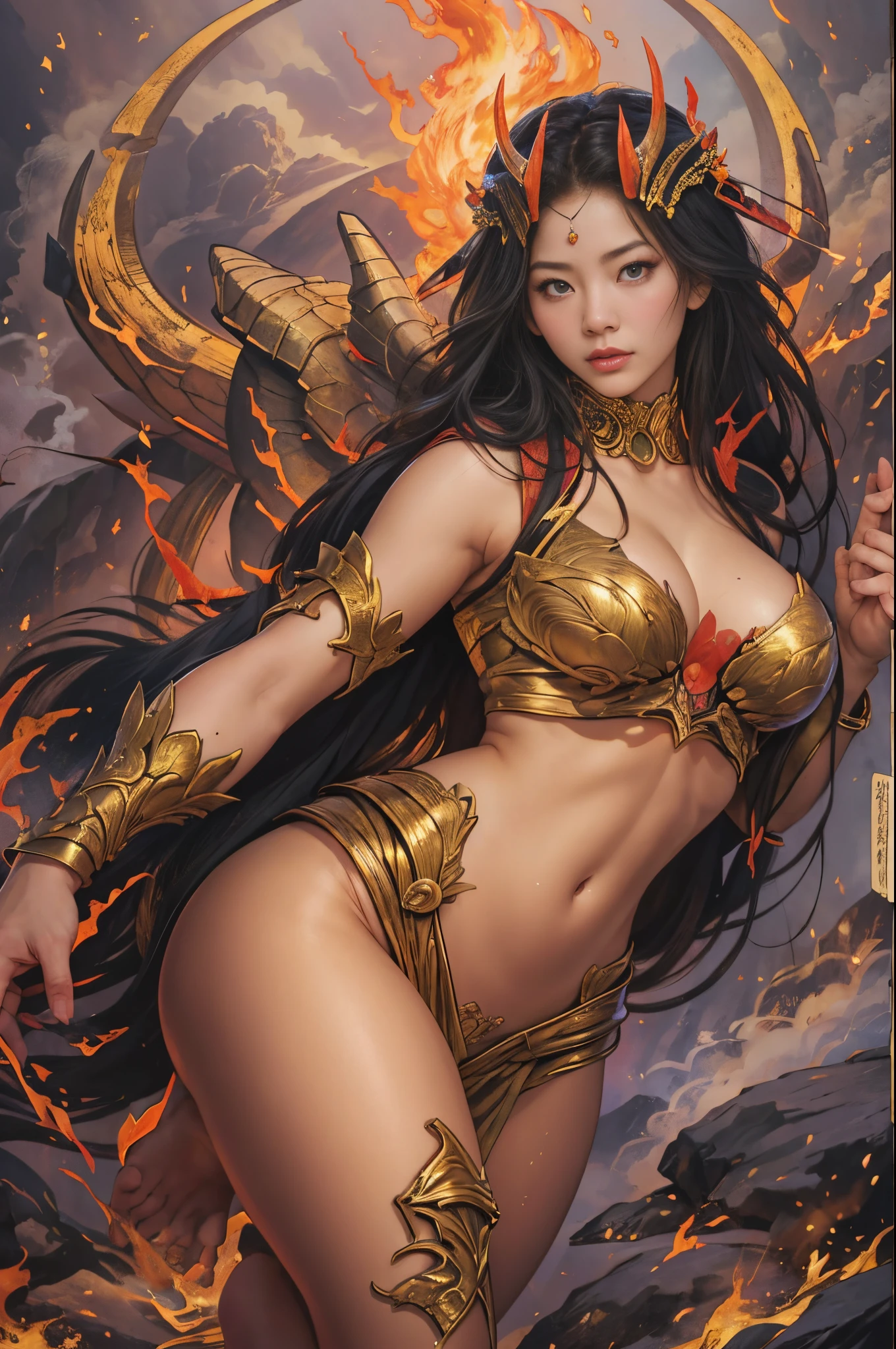 (tmasterpiece,top-quality,Best quality at best,offcial art,Beautiful and beautiful:1.2),A scene from a battle where a giant horned red butterfly fights against the goddess of war.,She is a great giant,she is a lovely princess,she is a strong warrior,butterflys,lightning in sky,magma,At the foot of the mountain,mountain in the distance,(theelementoffire:1.4),real butterfly,Highly realistic,Correct anatomy,fully body photo,convex,Cute big breasts,revealing breasts,legs separated,plum,unsatisfied desire,Bare genitals, Camel toes,Sexy gesture,climaxing,sex huge breasts cleavage, Barefoot,Sexy gesture,fist to flesh,(tangled,datura,Tangles,entangled)(Long hair、grow meat,simple ,),Married woman,熟妇,delicated face,beautiful detailed eyes,Correct anatomy,Detailed faces, 詳細な目,divinelight,gold foil,Gold leaf art,Deep background,Huang Li,marvelous and unbelievable,Epic work,(Complicated details,hyper-detailing:1.2),ultra real photo, Epic reality, ((com cores neutras)),(pastel colour:1.2), hyper realisitc, + Cinema lenses + dynamic combination, The content is very detailed, Sharpen, Cinematic, illuminate warmly, Light effect, Dramatic light, (Complicated details:1.1), the complex background, (greg rutkovsky:0.8), (black and red:0.4),