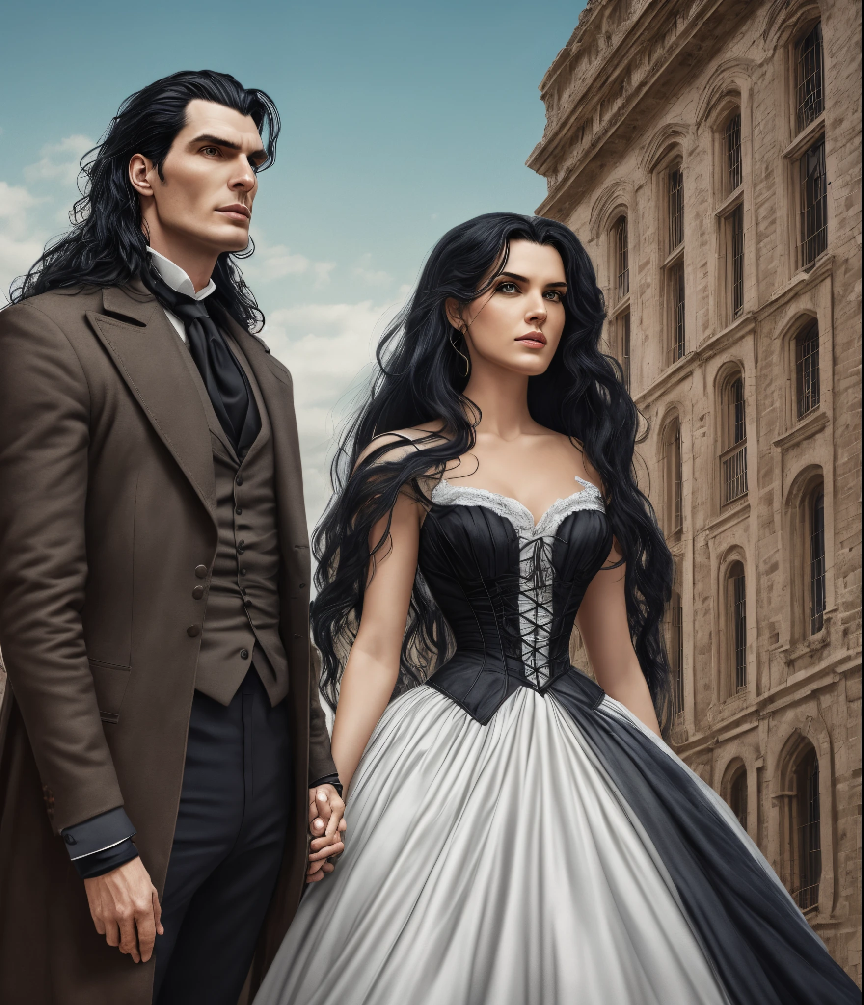 Man and woman couple, Hyperrealism, 8K, Man with black hair, blue eyes, white skin, (Christopher reeve and Peter Steele, brandon lee) Tall, 1.88 meters tall, CG, cinematic photo, ultrarealistic, in Victorian clothes, Beautiful Mexican woman, with white skin, black children, long black hair, slanted eyes, 1.58 meters tall. together in a beautiful landscape. --auto --s2