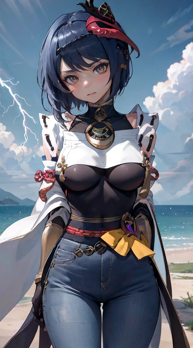 Kujou Sara Genshin Efeito, master part, melhor qualidade, 1meninas, seios grandes, Somente, topo de corte, long jeans, Gargantilha, (grafity:1.5), Splash with purple lightning pattern., arm behind the back, contra a parede, Ver os visualizadores a partir da frente., thigh strap, head tilt, entediado, rabo-de-cavalo, water eyes,