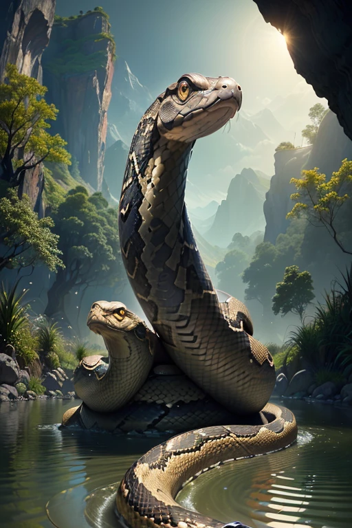 (((Naja snake))) best quality, ultra-high resolution, 4K detailed CG, masterpiece, ,serpent,multiple heads,coming out of the river,river, stream, Hindu mythology, ((coming out of the river) ) Image Hindu, aesthetic, beautiful, screen-centered