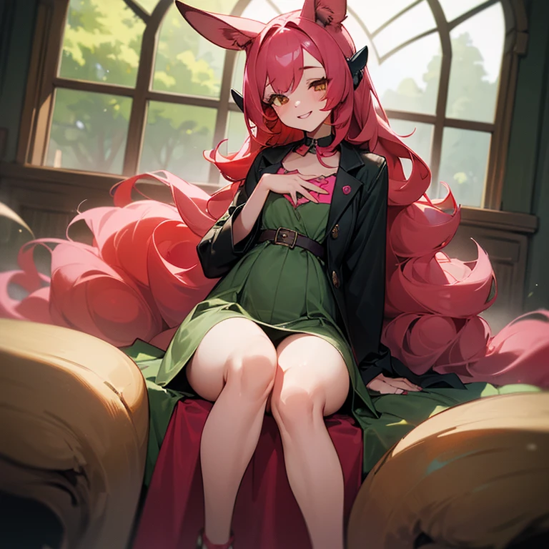 (Masterpiece)), ((Best Quality)), ((1 Girl)), ((kangaroo ears and tail)) ((bimbo)) Crimson hair red + long curly to below thighs + Long curved eyelashes + honey eyes + full pink lips + Soft and feminine features + average height + Button nose + femenine body + thick thighs + Pale skin + medium-sized hands + Long and neat nails soft skin. ((Dark Green Dress, Chest window, Black Jacket baggy)) ((Friendly smile, sleepy eyes))