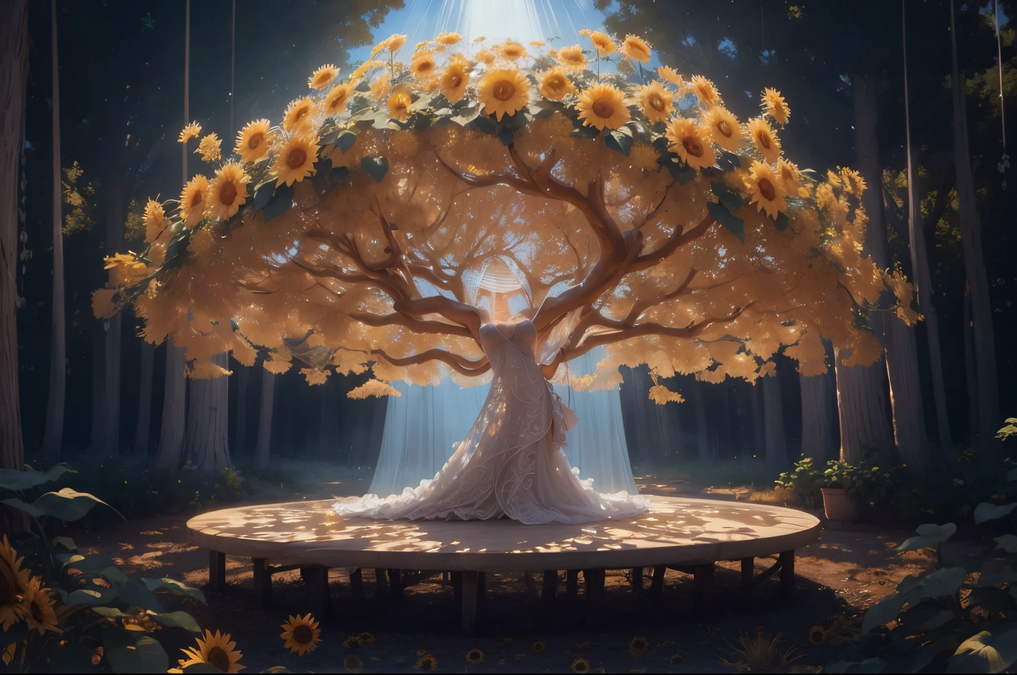 A woman wearing sheer gossamer stands under the towering sunflower tree, her gaze fixed on the intricate patterns of the branches above. The bright white sands beneath her feet seem to glow in the warm sunlight, while the endless blue sky stretches out above her. The scene is bathed in a golden light, as if the sun itself has bestowed its 24k blessing upon this tranquil moment.