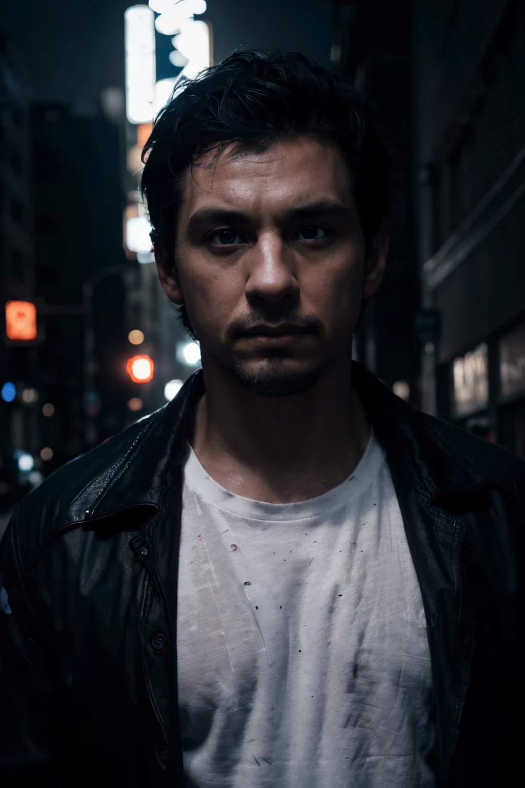(extremely detailed 8k wallpaper), Dark Theme, (35 years old man), uses ((black jacket)), ((white shirt)), fine focus, ((white skin)), (subsurface dispersion:1.1), (((short black hair))), (((blue eyes))), (((goatee))), expression ((serious)), award-winning photography, dramatic lighting, streets at night.