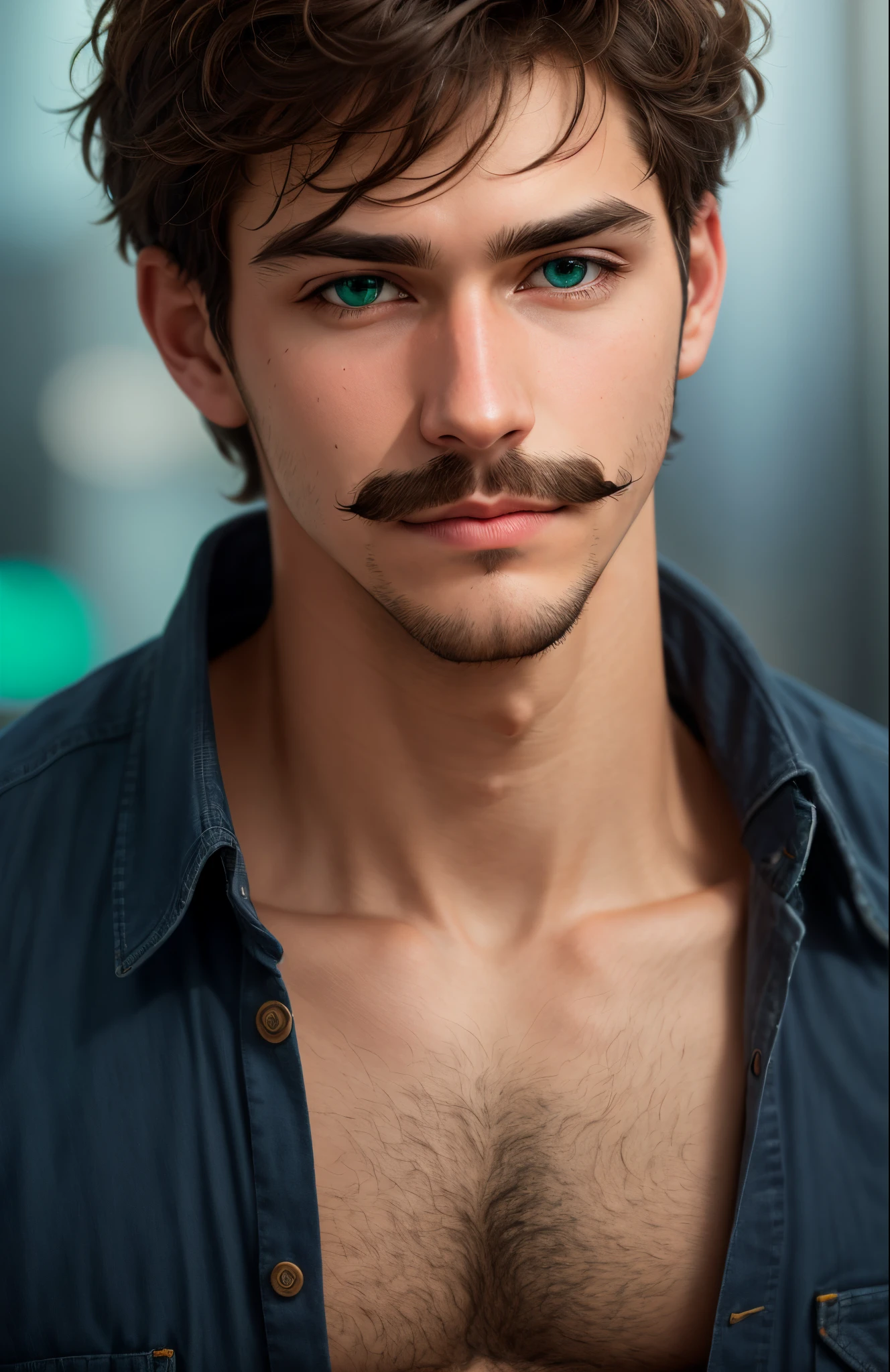 male, tall, skinny, dark hair, short hair, brown mustache, brown goatee, green eyes, blue eyes, tired, dark eyes, 20 years old