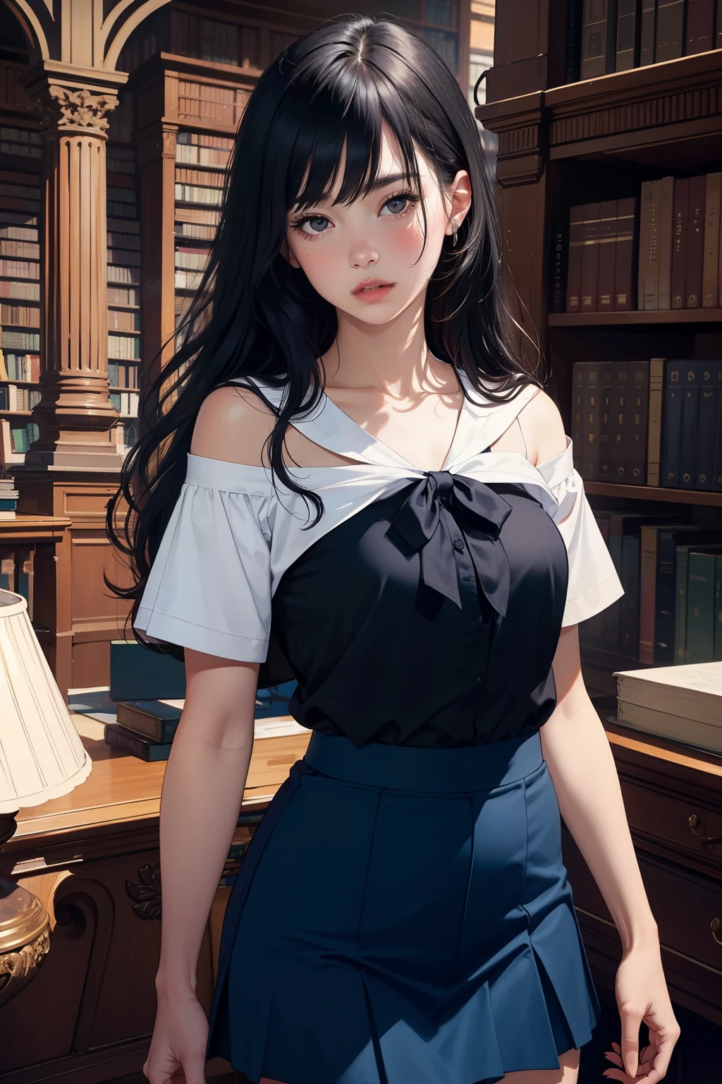 1girl,solo,(lshort-sleeved JK_sailor),JK_style,(dark blue JK_skirt),(bow JK_tie),(Inside the library:1.2),realistic,fully body,black hair,long hair,black eyes,lips,parted lips,collarbone,bare shoulders,portrait,nose,Best quality,masterpiece,ultra high res,(photorealistic:1.4),raw photo,