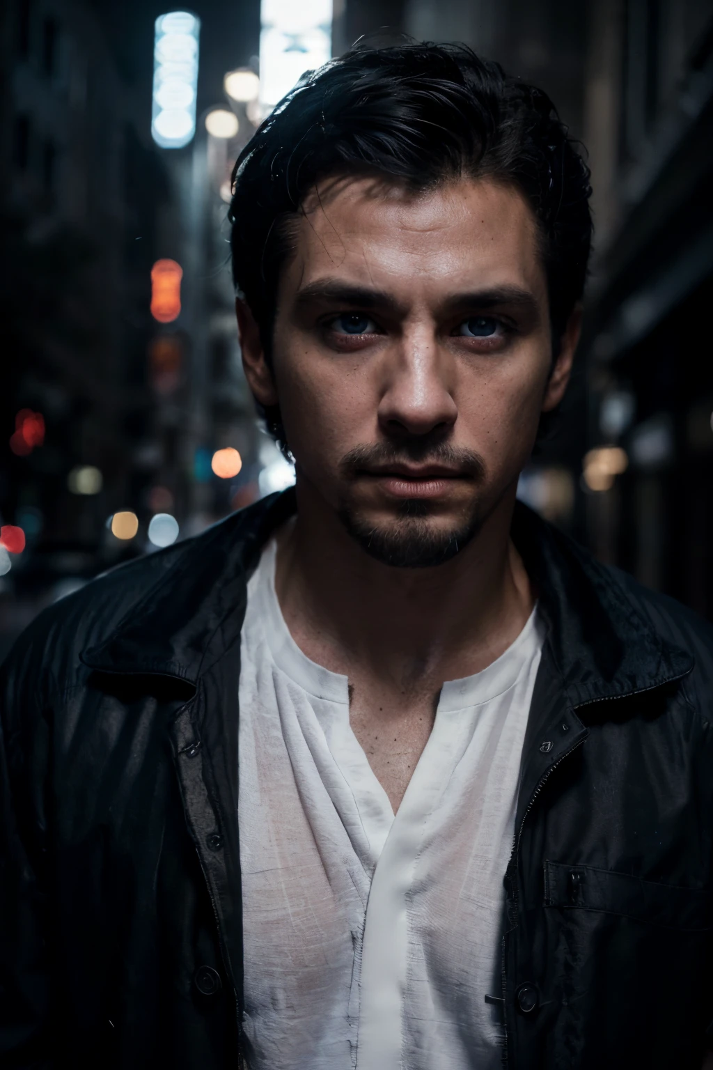 (extremely detailed 8k wallpaper), Dark Theme, (30 years old man), uses ((black jacket)), ((white shirt)), fine focus, ((white skin)), (subsurface dispersion:1.1), (((short black hair))), (((blue eyes))), (((goatee))), expression ((serious)), award-winning photography, dramatic lighting, streets at night.