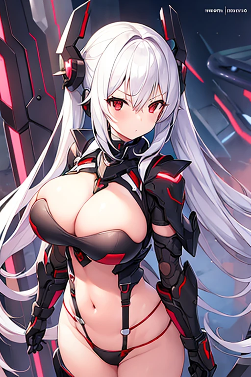 1girl, breasts, large breasts, white hair, long hair, red eyes, serious, twintails, bikini, black bikini, futuristic, tech, machinery, science-fiction, hourglass figure, downblouse, from above, standing