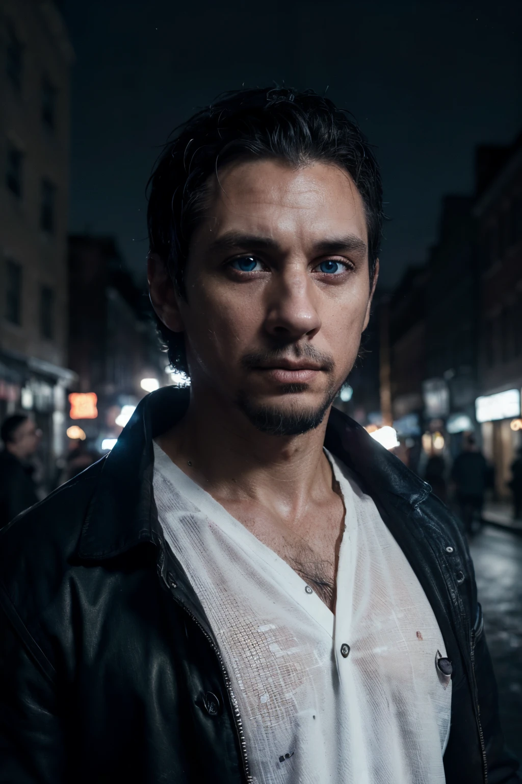 (extremely detailed 8k wallpaper), Dark Theme, (35 years old man), uses ((black jacket)), ((white shirt)), fine focus, ((white skin)), (subsurface dispersion:1.1), (((short black hair))), (((blue eyes))), (((goatee))), expression ((serious)), award-winning photography, dramatic lighting, streets at night.