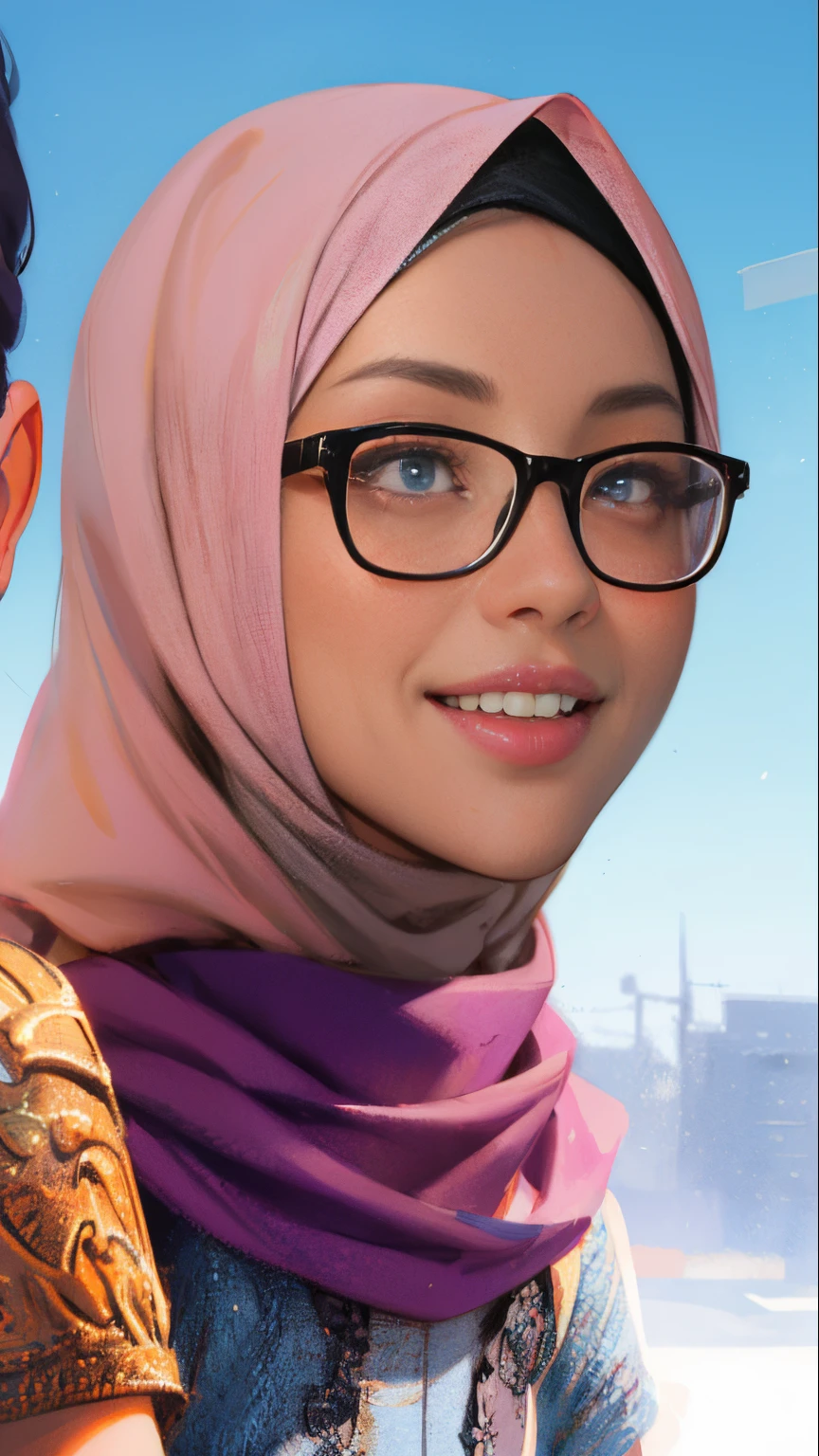 there is woman hijab smiling for the camera, close up potrait, realism artstyle, full protrait, portait photo profile picture, potrait, headshot profile picture, protrait, foto realistic, background blur, photoshopped, pixar picture, fanart, photo portrait, semi pixar cartoon, faridah malik, pixar portrait photo, color portrait, photoshoped
