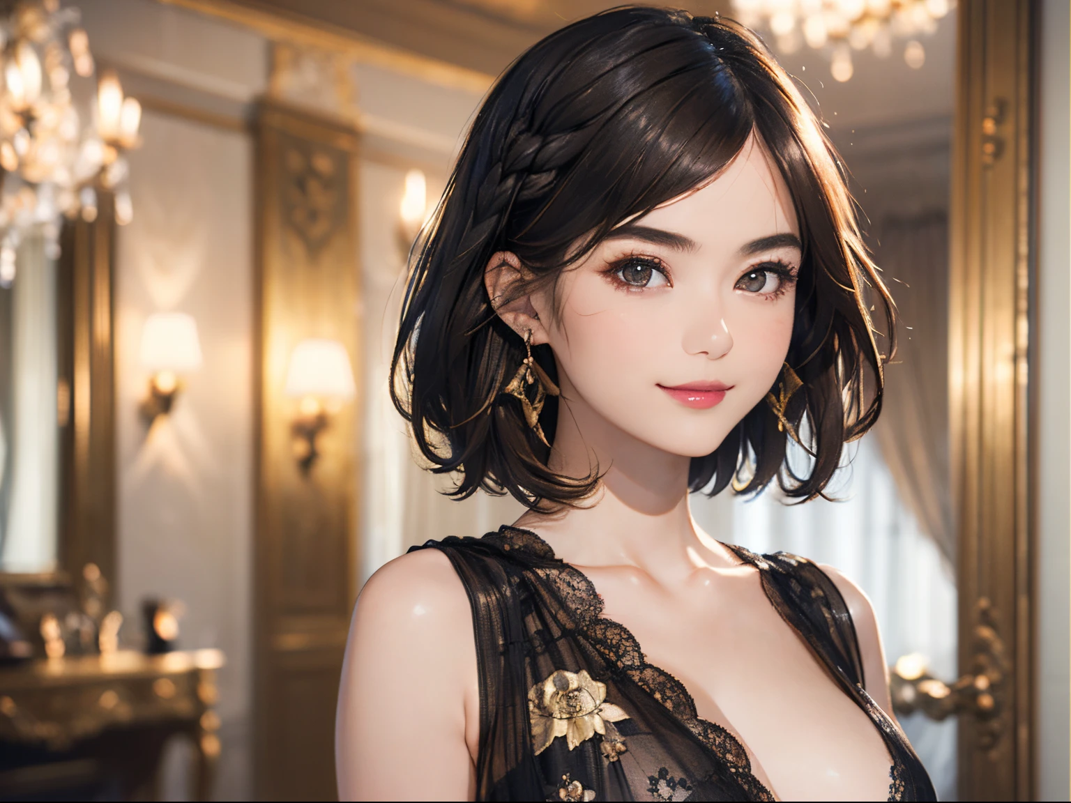 photorealistic, high resolution, soft light,1women, solo, hips up, (shining skin), (big breast), (detailed face), cute, (bangs)
