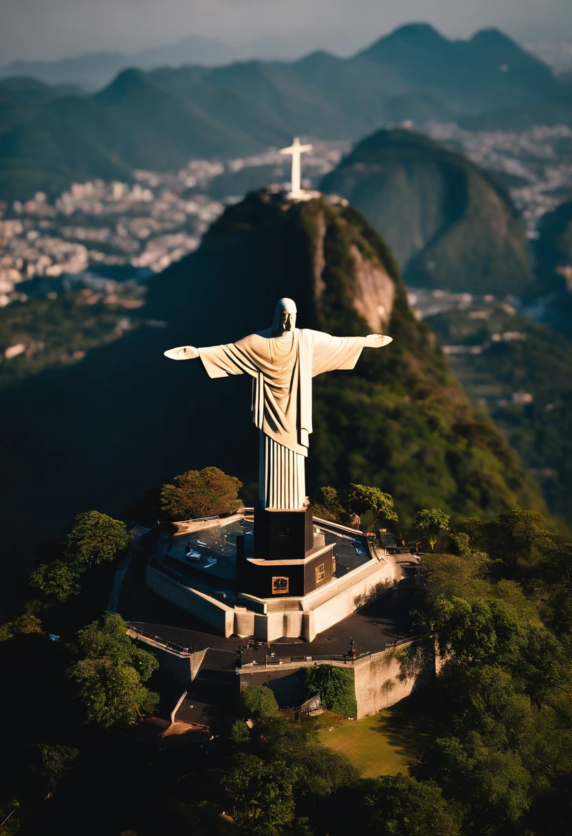 Christ the Redeemer seen from a helicopter、4K、8K、masutepiece、Video with high sheepness、solemnity、(((Sunnyday)))、Mare、house that looks small、A hill、Overhead view、Helicopter cockpit、