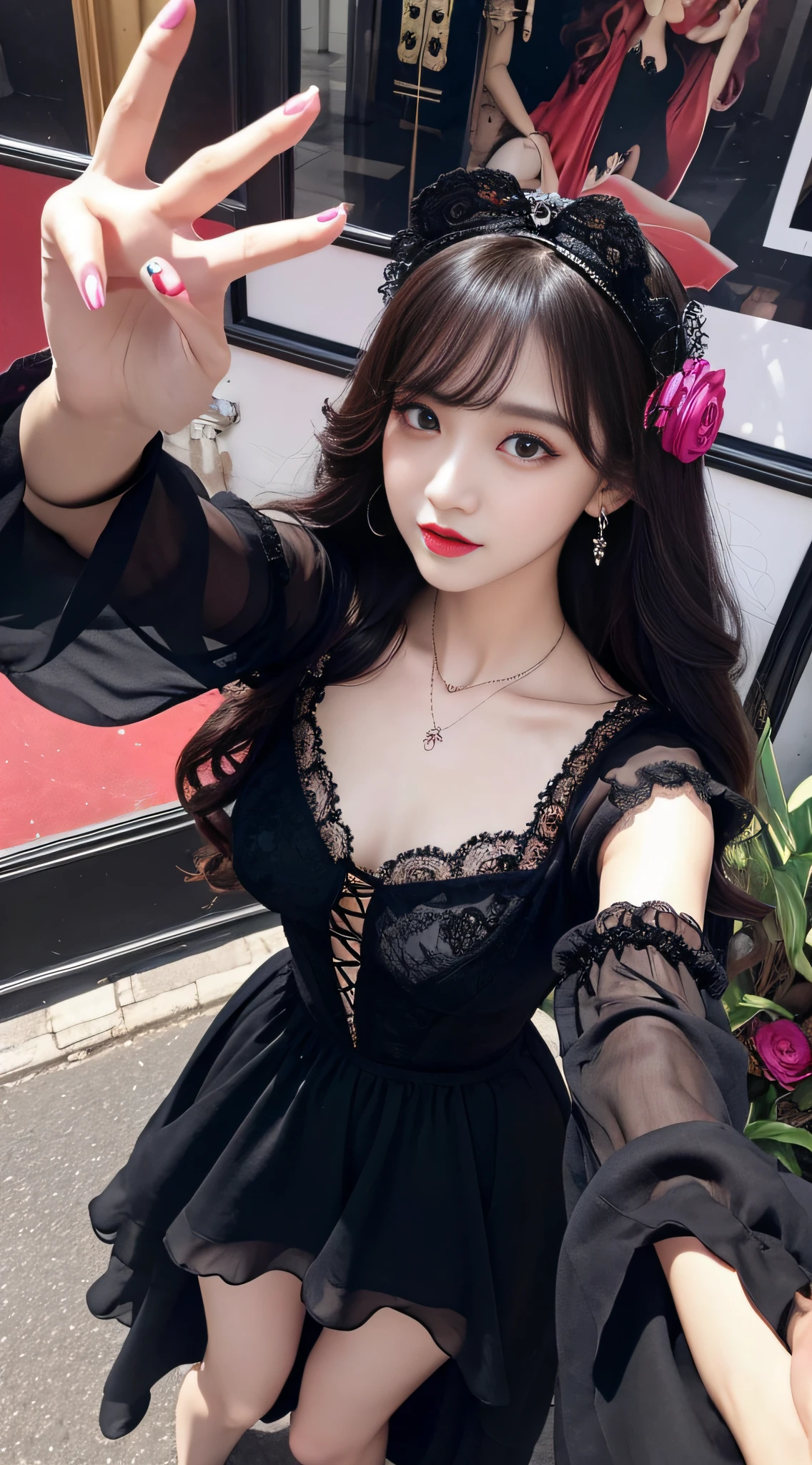 Ultra-detailed、Fascinating beauty、Dainty woman、Cool Girl、Wavy Hair、Black chiffon dress、Wide sleeves、flered skirt、Evil Female Executive、Evil Fall、brainwash、lacy fabric、Glossy legs、lipsticks、Evil look、Suspicious look、Hollow eyes、wicked、Reaching out、Over Head Shot、selfy、stand up