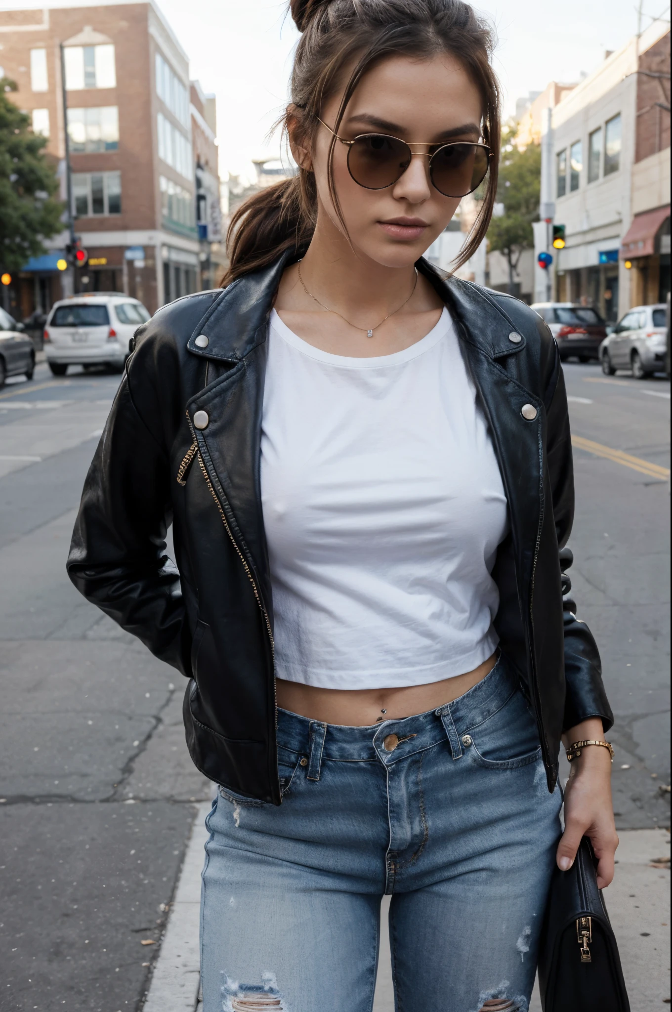 (tmasterpiece:1.2, Best quality at best), 1 woman, Alone, The upper part of the body, large tities, A chic and edgy leather jacket paired with a classic white T-shirt and distressed jeans, minimal makeup and a messy bun,Confident and relaxed (music festival or trendy city center neighborhood) Statement sunglasses and chunky jewelry, Comes with crossbody bag,Easy to carry