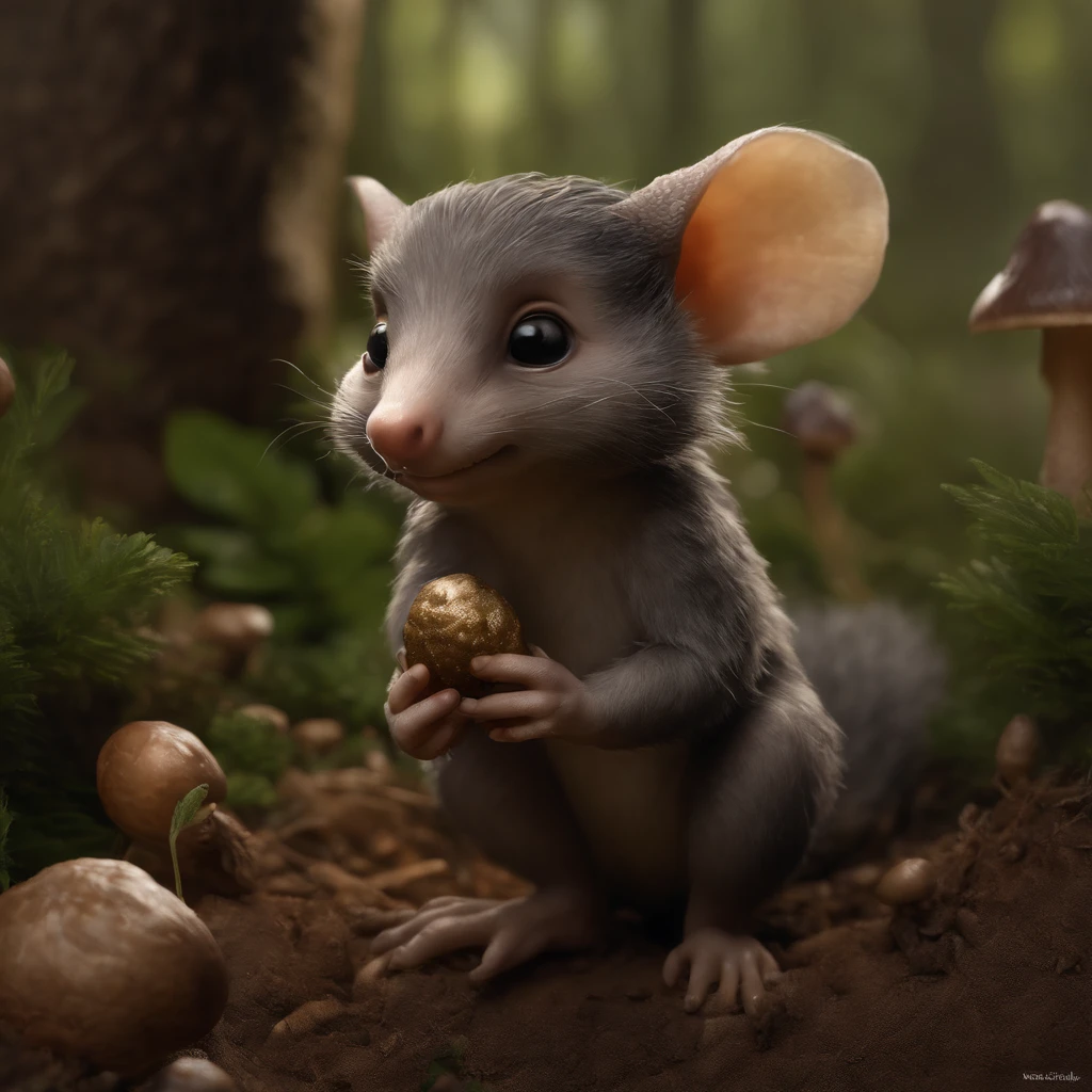 (CBZBB:1.25),gremlin, gremlin, looks like a mole, ((Ez idna)), in a clearing under an oak tree, holding a large acorn in his paws, CBZBB,Cute, Small, baby, Beautiful, Fantasy art, deviant art, trending artstation, Digital Art, Detailed, Realistic, humanoid, character, tiny, Cinematic shot, cinematic portrait of a mole, cute character, looks like a mole, ,gremlin, mole-like, bright silver and brown, long tail, large ears, covered with silver fur, holding an acorn in his paws, water, Burrow, tree roots stick out from the walls in the hole, mushrooms sticking out of the ground, Best Quality, Masterpiece, in style of dark fantasy art,真实感, Realism, tmasterpiece, Brad Jongsan walks in the jungle (Night of the Fireflies), (higly detailed: 1 1), rough face, natural skin, hiquality, NSFW, pretty eyes, (Detailed face and eyes), (s face: 1 2), tumult, Complementary, real-photo, ..PSD, Lightweight Film Photography, sharp-focus, contrast lighting, Detail Skin, high resolution 8k, Crazy detailing, Realistic, professional photo of a, 8K UHD, dslr, soft light, hiquality, film grains, Fujifilm XT3