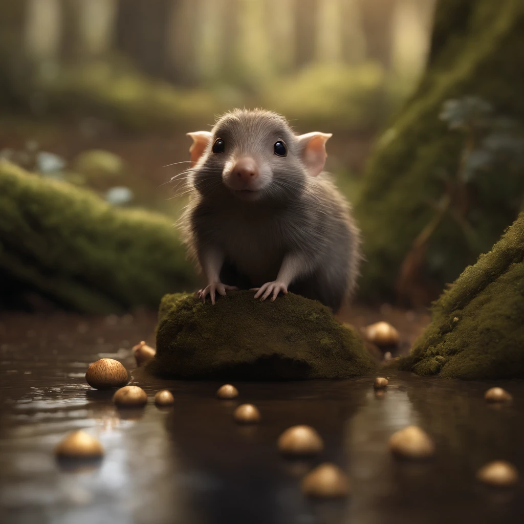 (CBZBB:1.25),gremlin, gremlin, looks like a mole, ((Ez idna)), in a clearing under an oak tree, holding a large acorn in his paws, CBZBB,Cute, Small, baby, Beautiful, Fantasy art, deviant art, trending artstation, Digital Art, Detailed, Realistic, humanoid, character, tiny, Cinematic shot, cinematic portrait of a mole, cute character, looks like a mole, ,gremlin, mole-like, bright silver and brown, long tail, large ears, covered with silver fur, holding an acorn in his paws, water, Burrow, tree roots stick out from the walls in the hole, mushrooms sticking out of the ground, Best Quality, Masterpiece, in style of dark fantasy art,真实感, Realism, tmasterpiece, Brad Jongsan walks in the jungle (Night of the Fireflies), (higly detailed: 1 1), rough face, natural skin, hiquality, NSFW, pretty eyes, (Detailed face and eyes), (s face: 1 2), tumult, Complementary, real-photo, ..PSD, Lightweight Film Photography, sharp-focus, contrast lighting, Detail Skin, high resolution 8k, Crazy detailing, Realistic, professional photo of a, 8K UHD, dslr, soft light, hiquality, film grains, Fujifilm XT3