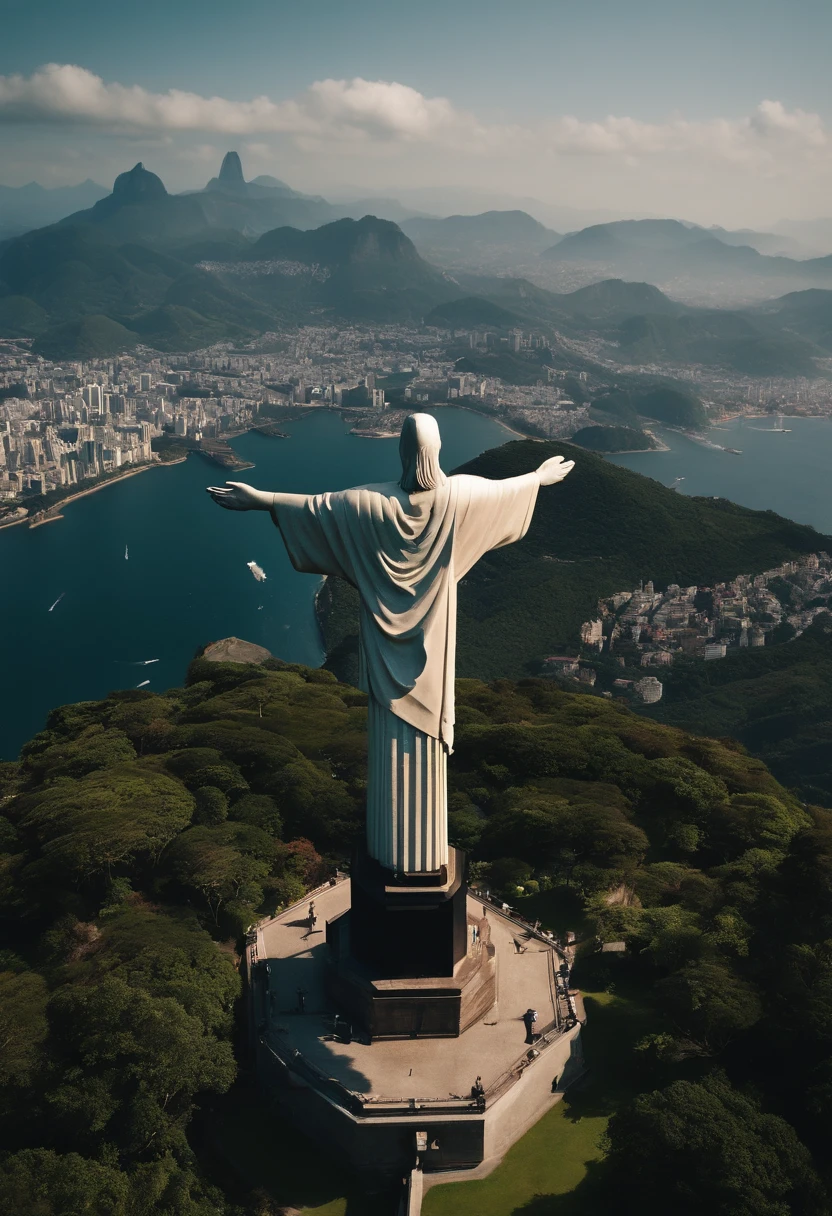 Christ the Redeemer seen from a helicopter、4K、8K、masutepiece、Highly sheep-like video、solemnity、(((Sunnyday)))、mare、house that looks small、A hill、Overhead view、helicopter cockpit、helicopter window、