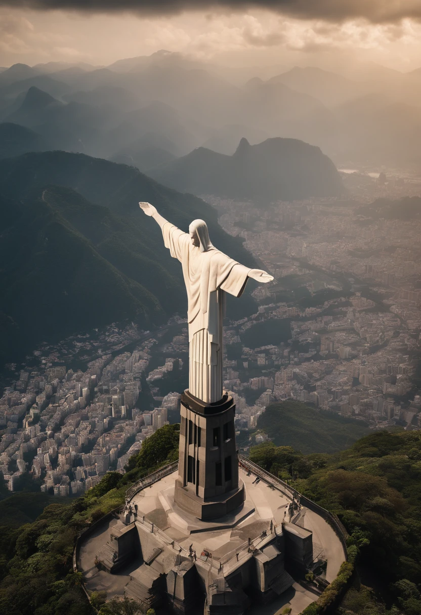 Christ the Redeemer seen from a helicopter、4K、8K、masutepiece、Highly sheep-like video、solemnity、(((Sunnyday)))、mare、house that looks small、A hill、Overhead view、helicopter cockpit、helicopter window、
