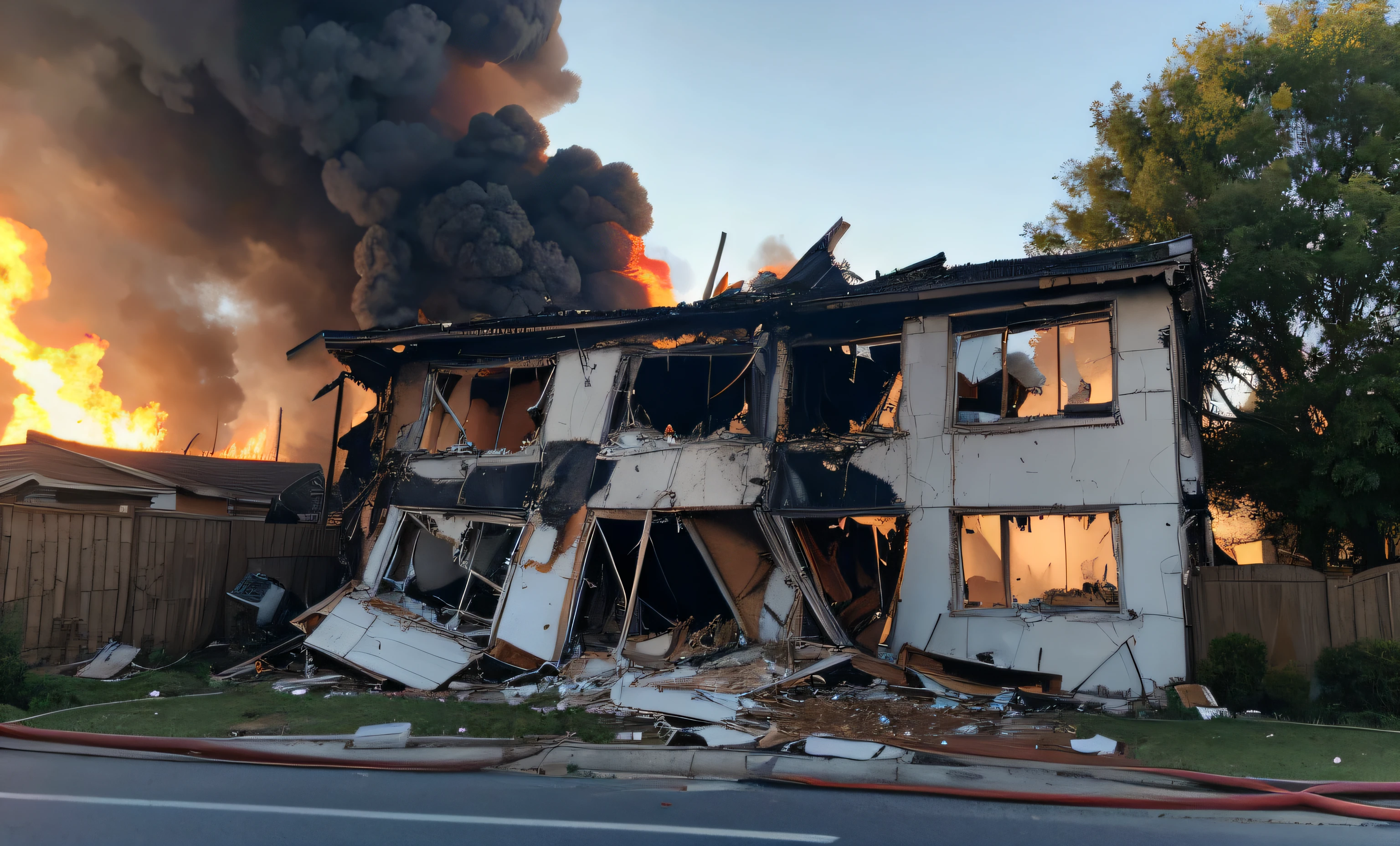 house explodes and collapses，Fire and smoke