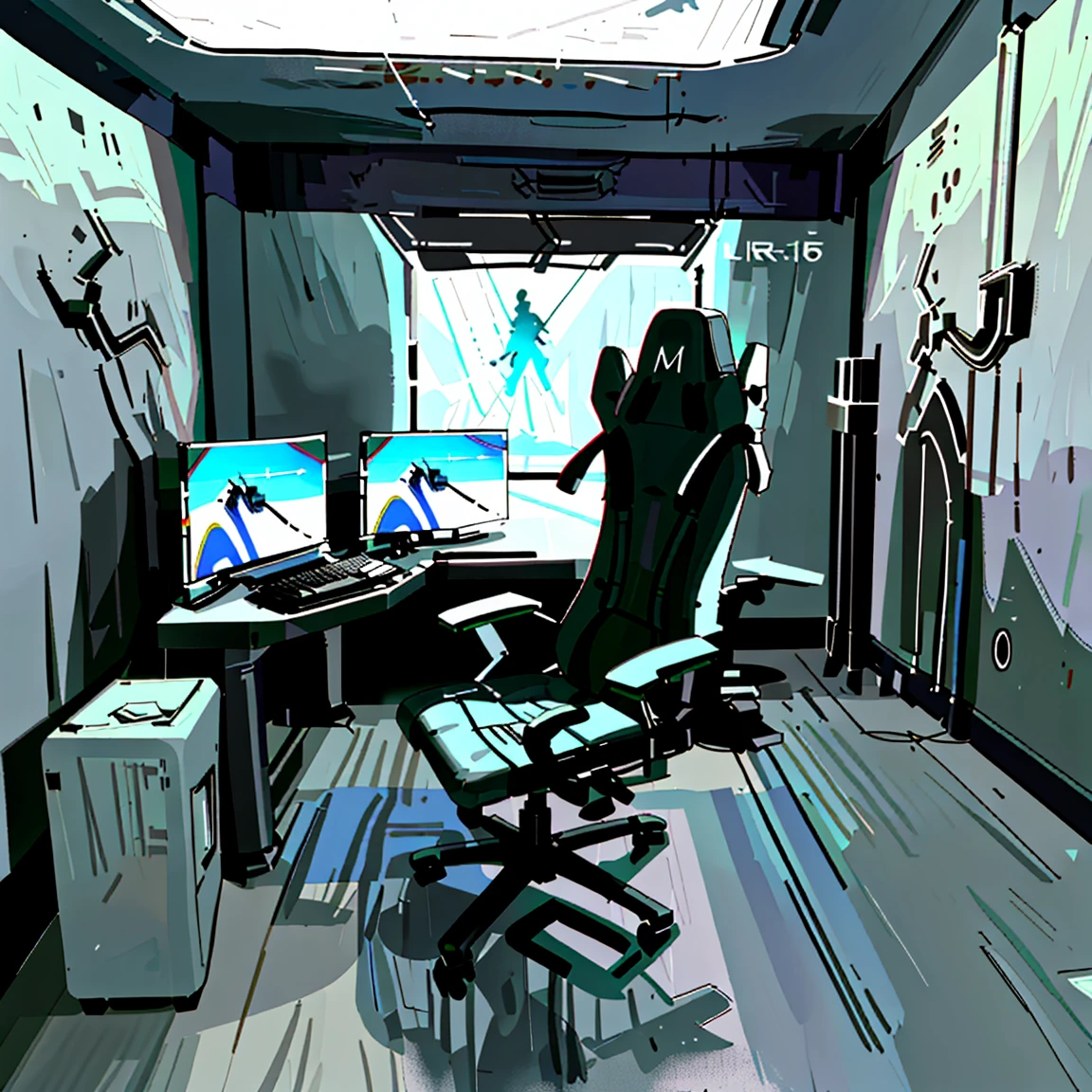 A futuristic gaming room with sleek, minimalistic design, featuring a high-tech gaming setup with multiple monitors, RGB lighting casting vibrant hues throughout the room, ergonomic gaming chair with adjustable controls, and a state-of-the-art virtual reality headset, creating an immersive gaming experience, Photorealistic 3D rendering, using advanced lighting and material techniques to capture the sleekness and futuristic aesthetic, --ar 16:9 --v 5