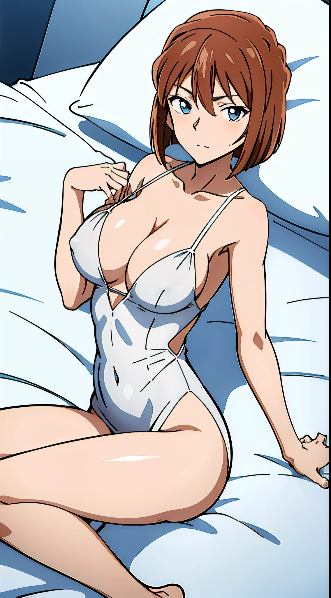 1个Giant Breast Girl, Brown hair,short detailed hair,eBlue eyes,full bodyesbian,Lying on the bed wearing a white dress, opened clothes, sexy gown, V-chest clothes, translucent cleavage dress, sexy dress, translucent silky dress, low cut dress, Light half-open dress, Tall and thin beautiful goddess, in pajamas, White dress, A flowing dress, sexy for :8, sheerness, pyjamas, very ethereal, pale robe(tmasterpiece, Best quality at best, high qulity, A high resolution, ultra - detailed)