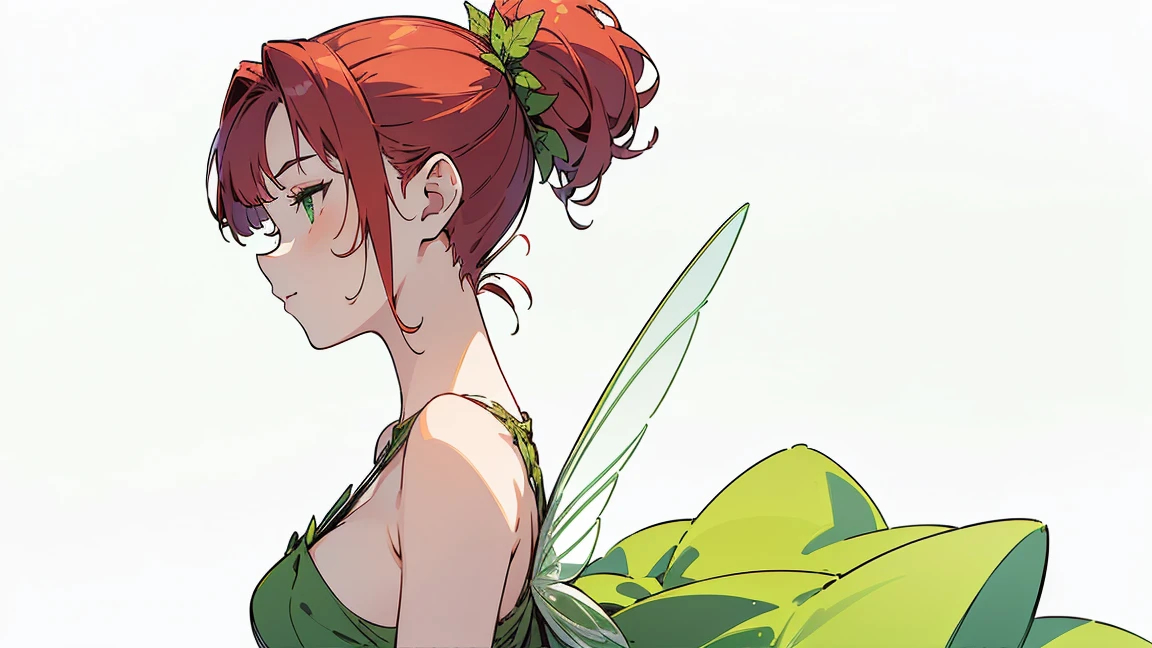 ((Best Quality)), ((Masterpiece)), ((Realistic)) 19 years, redhead girl, hair up to the shoulders, Relaxed happy face ((Slender)) (Busty), (((  light green fairy dress ))) ((Sexy )) ciberpunk, Textured pixie haircut (((Detailed list of characters, frontal view, side glance, three-quarter view))) (((whitebackground))) 6 and a half heads in the whole body