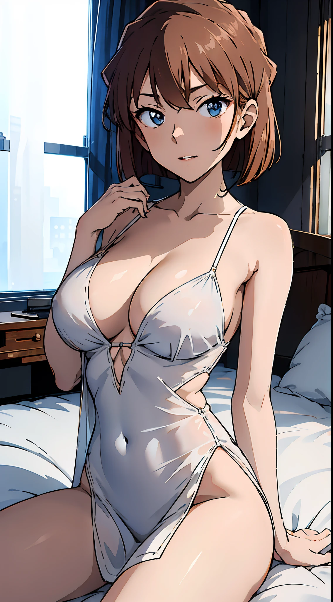 1个Giant Breast Girl, Brown hair,short detailed hair,eBlue eyes,full bodyesbian,Lying on the bed wearing a white dress, opened clothes, sexy gown, V-chest clothes, translucent cleavage dress, sexy dress, translucent silky dress, low cut dress, Light half-open dress, Tall and thin beautiful goddess, in pajamas, White dress, A flowing dress, sexy for :8, sheerness, pyjamas, very ethereal, pale robe(tmasterpiece, Best quality at best, high qulity, A high resolution, ultra - detailed)