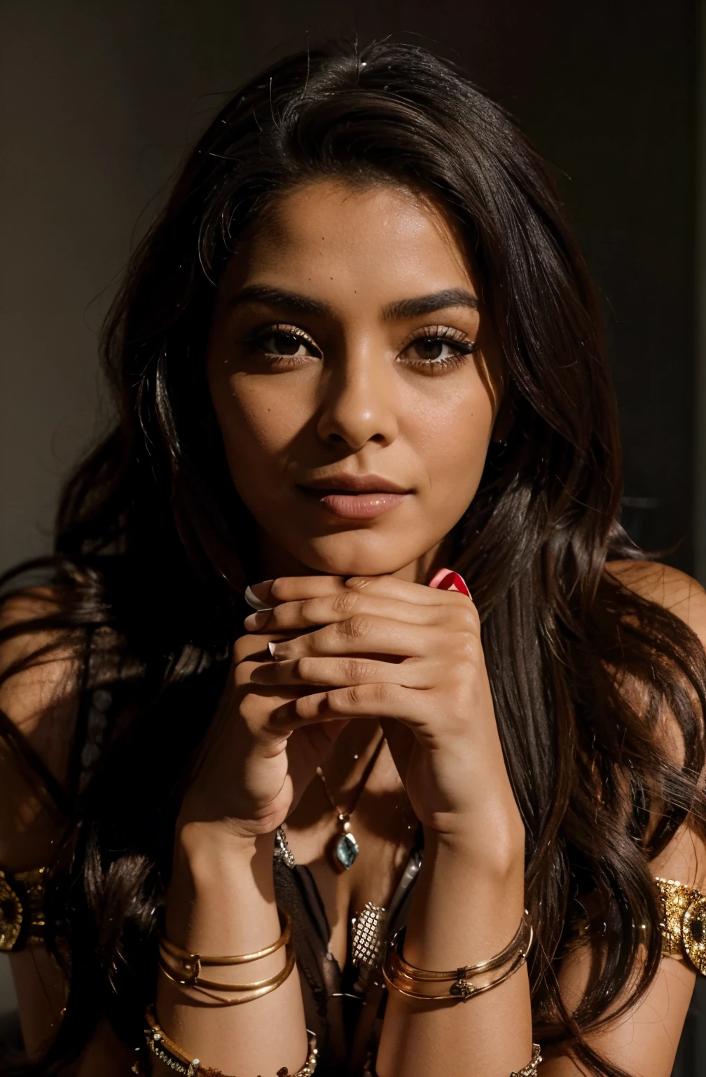 Quero com alta qualidade imagem nitida uma mulher com cabelo preto pele morena clara e os dedos de humano